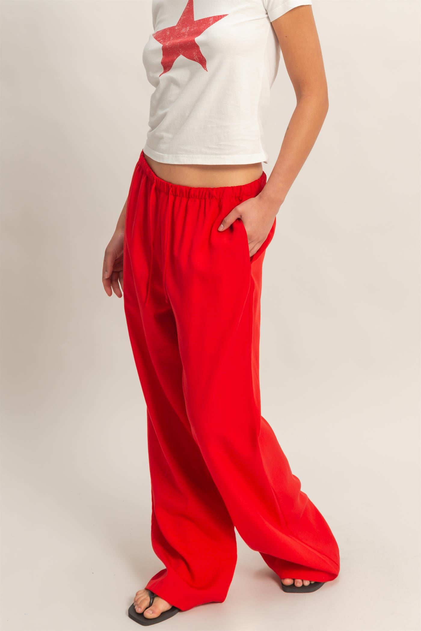 Wholesale Lyocell Linen Elastic Waist Straight Leg Pants Pants DZ26A979 RED DOUBLE ZERO