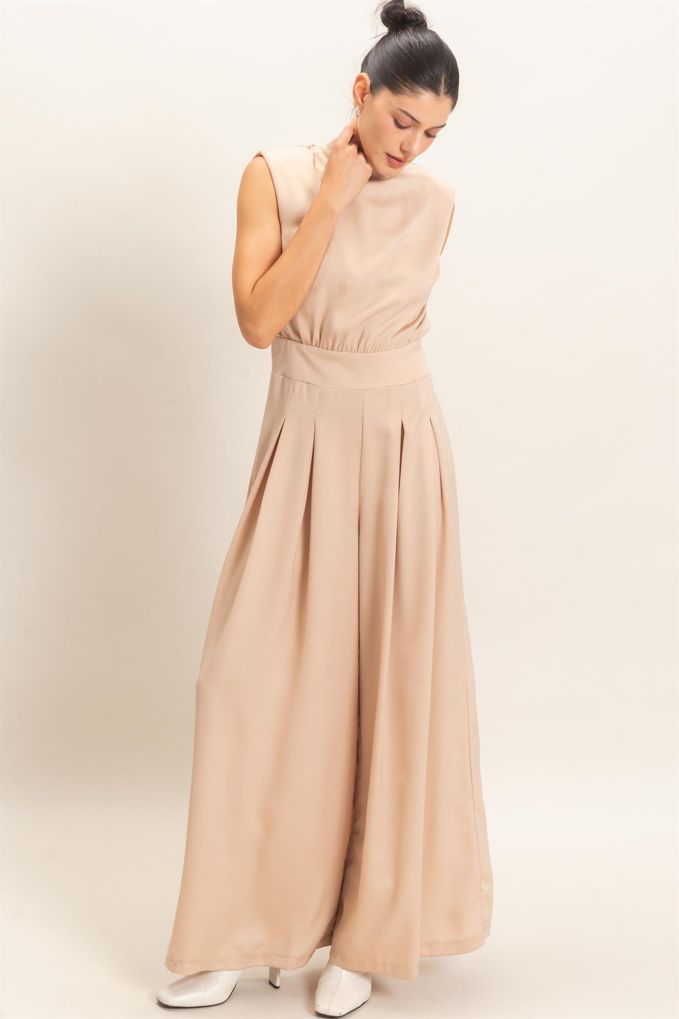 Wholesale Sleeveless Mock Neck Jumpsuit Clothing HF26F209-D CHAMPAGNE HYFVE