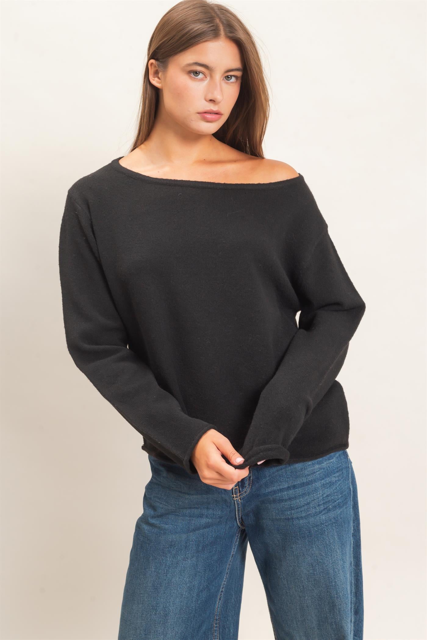 Wholesale Off The Shoulder Sweater Sweaters DZ26E652 BLACK DOUBLE ZERO