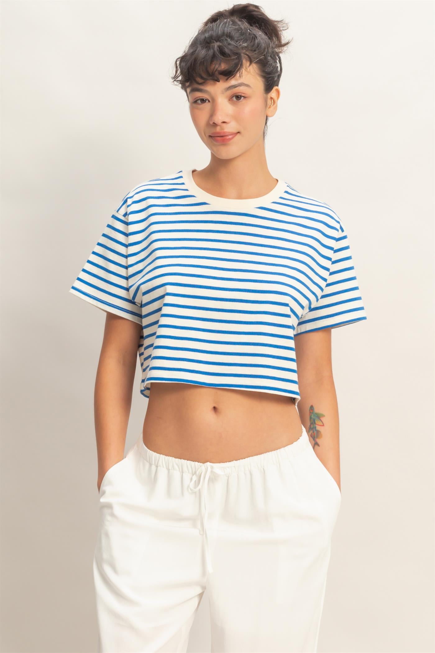Wholesale Striped Oversized Short Sleeve Cropped Tee Clothing Tops DZ26C023 BLUE DOUBLE ZERO