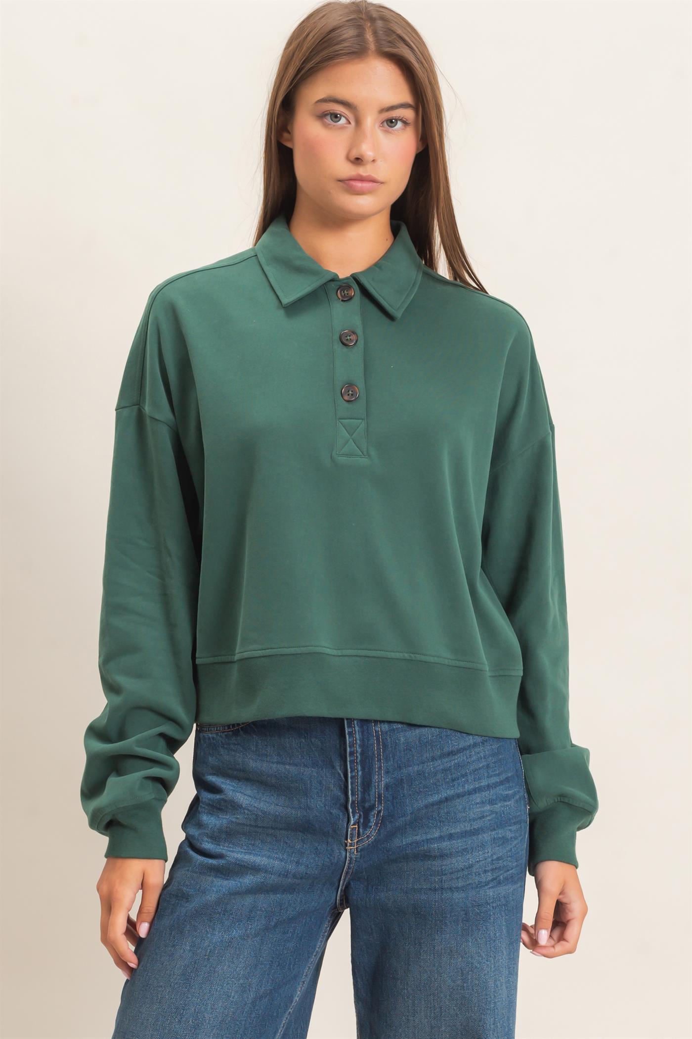Wholesale Washed Button-Front Collared Sweatshirt Sweatshirts DZ26E390 DARK GREEN DOUBLE ZERO