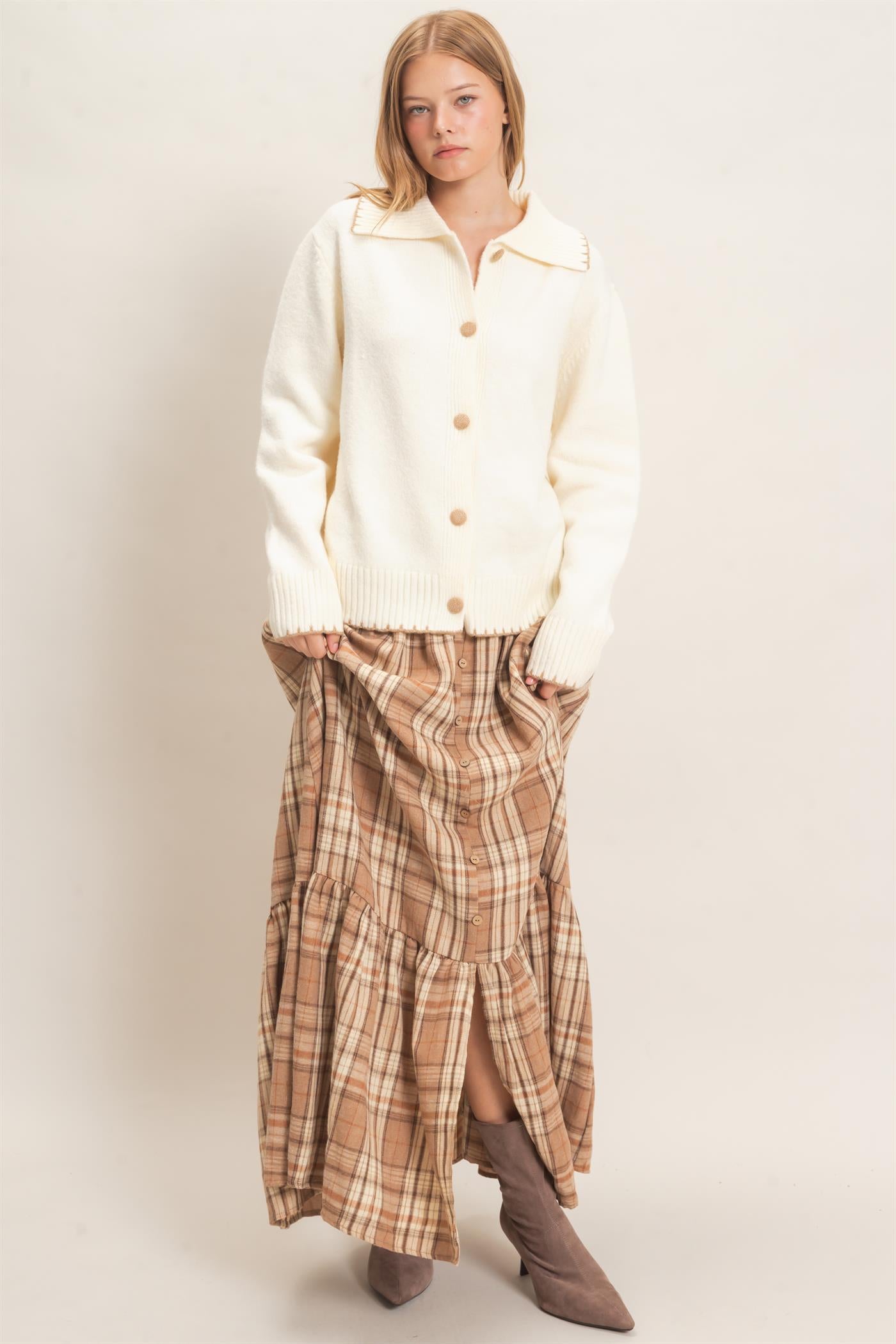 Wholesale Plaid Tiered Ruffle Skirt Skirts HF26E173 MOCHA HYFVE