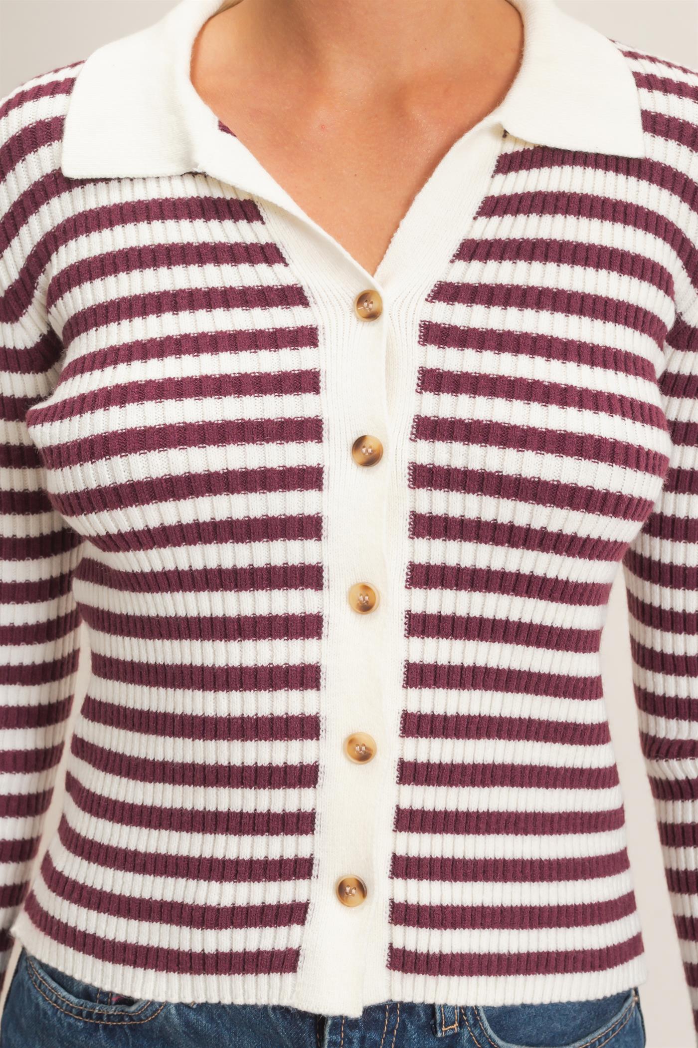 Wholesale Ribbed Striped Polo Knit Top Clothing Tops DZ26E099 DARK CHERRY DOUBLE ZERO