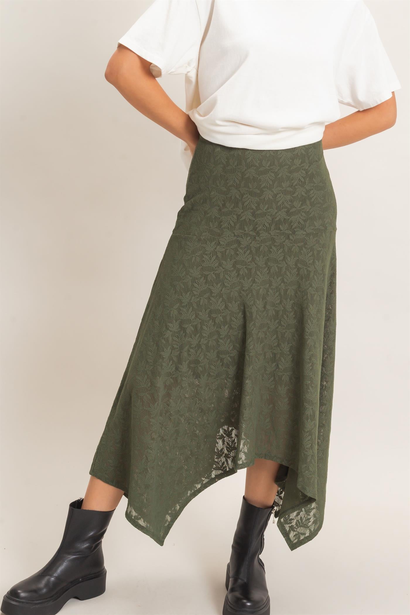 Wholesale Floral Lace Hanky Hem Skirt Skirts HF26E371 HUNTER GREEN HYFVE