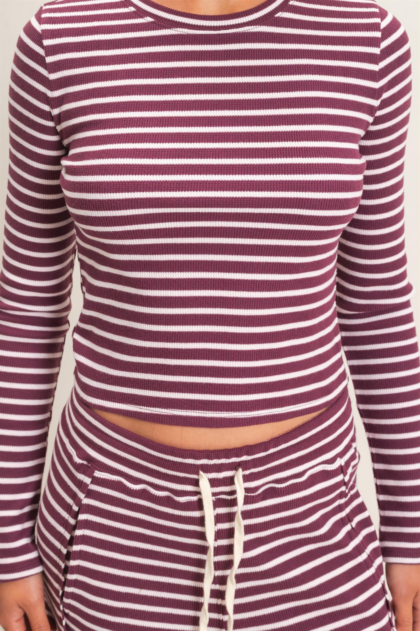 Wholesale Striped Waffle Long Sleeve Top & Pants Set Clothing DZ25F479-SET DARK CHERRY DOUBLE ZERO