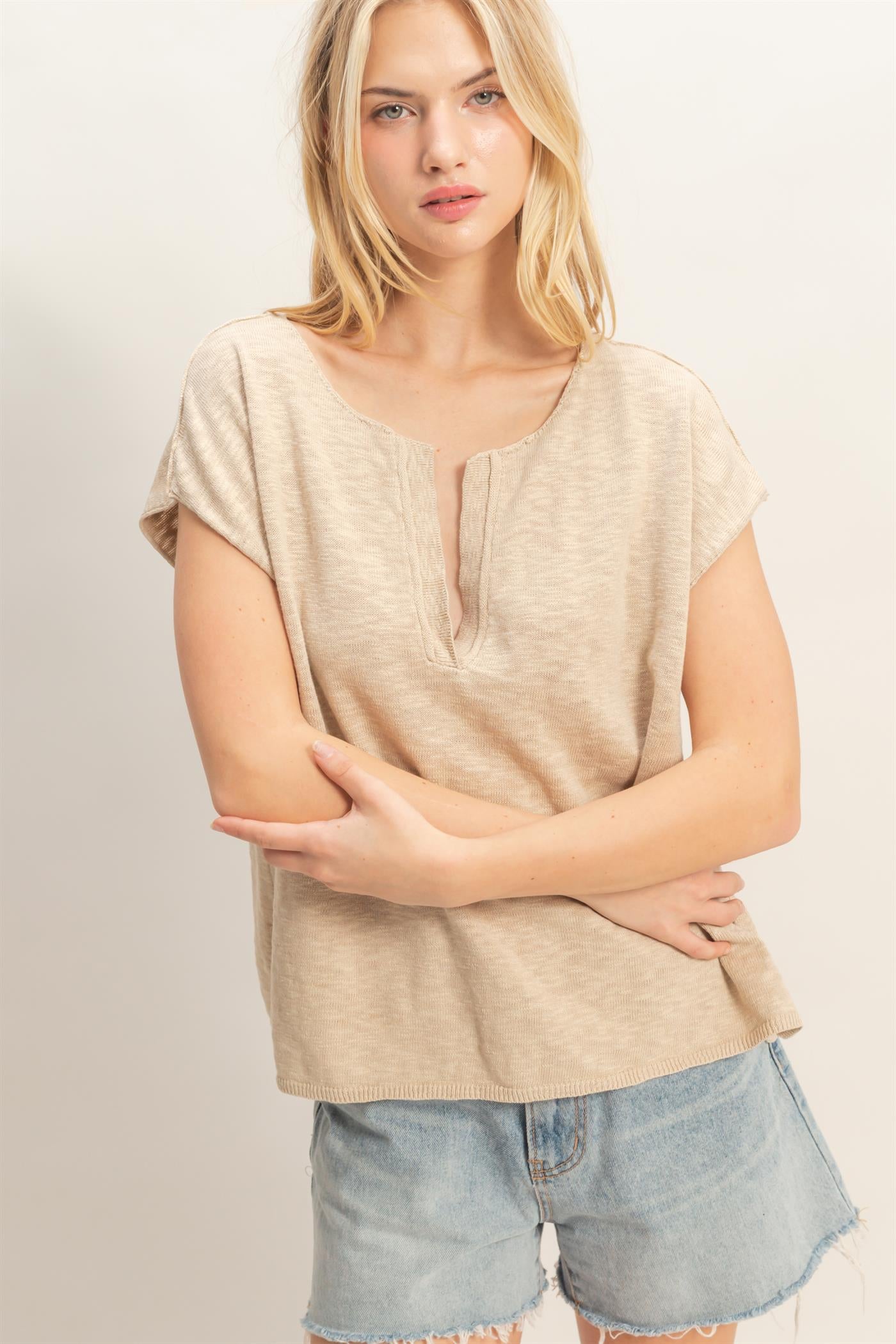 Wholesale Notched V-Neck Oversized Top Sweaters HF26A235 BEIGE HYFVE