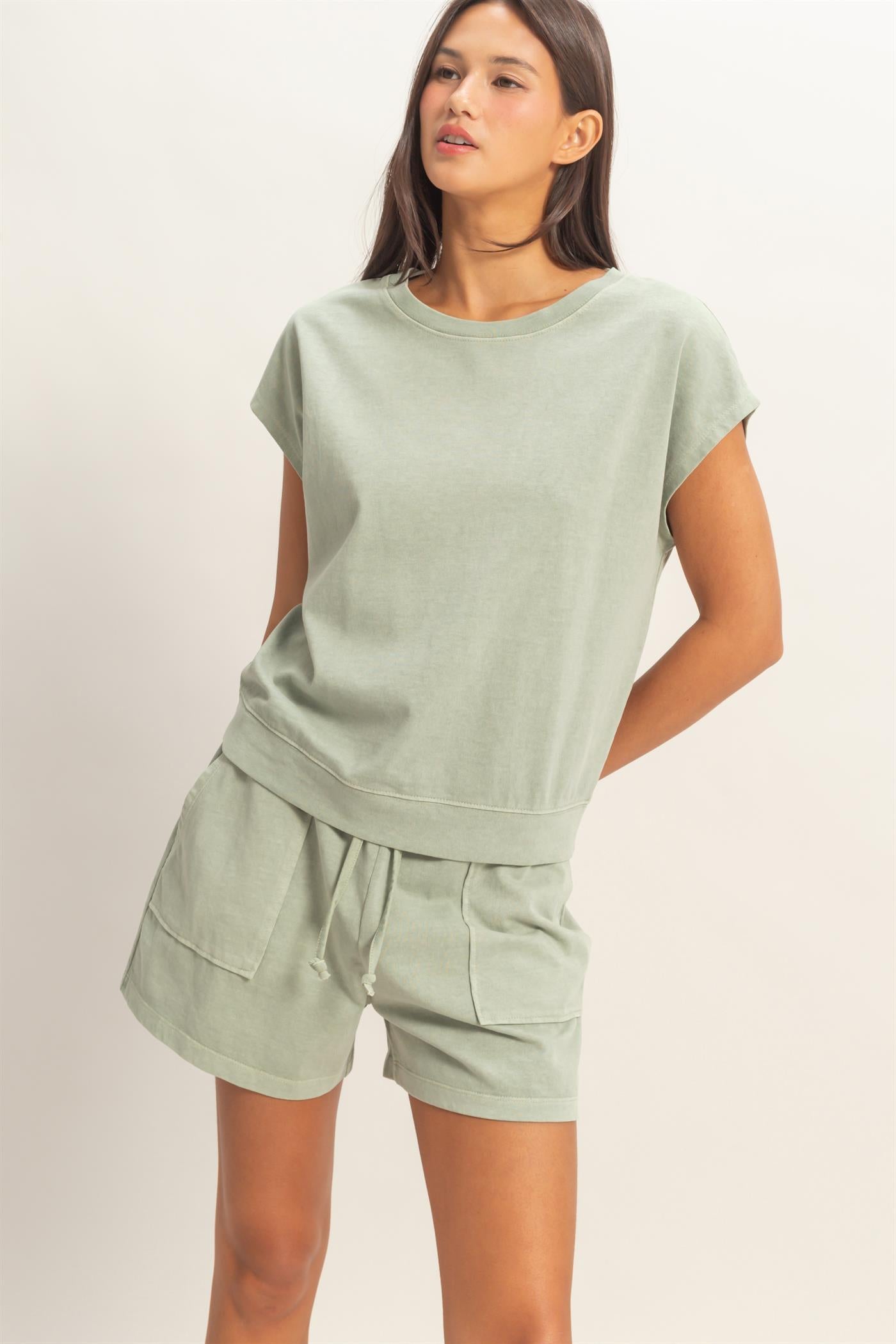 Wholesale Sleeveless Crew Neck Top and Shorts Set Clothing DZ26A028-SET SAGE GREEN DOUBLE ZERO