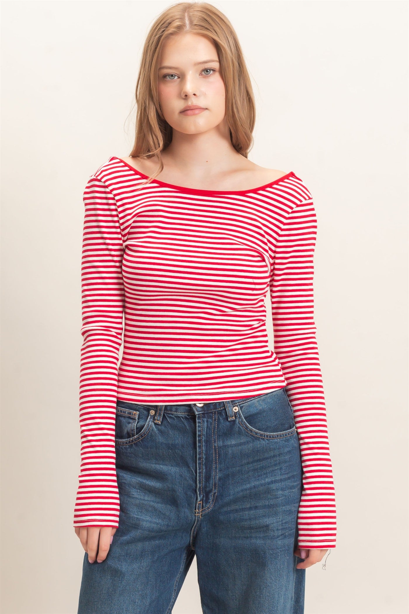 Wholesale Striped Boat Neck Long Sleeve Top Clothing Tops HF26F080 RED/WHITE HYFVE