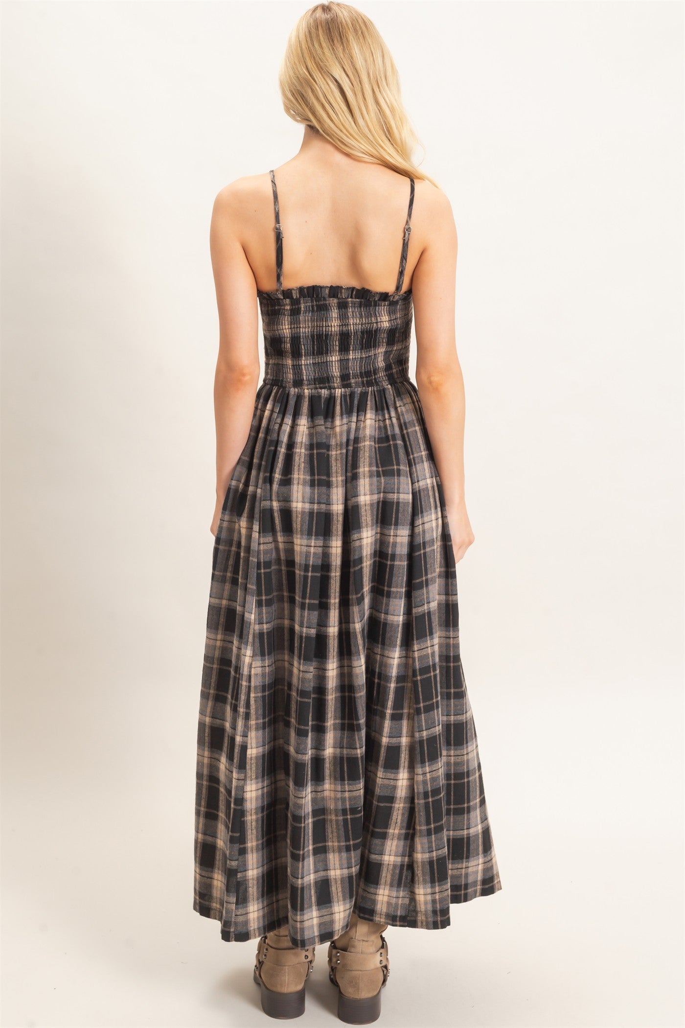 Wholesale Plaid Smocked Maxi Dress Dresses HF26C898 BLACK HYFVE
