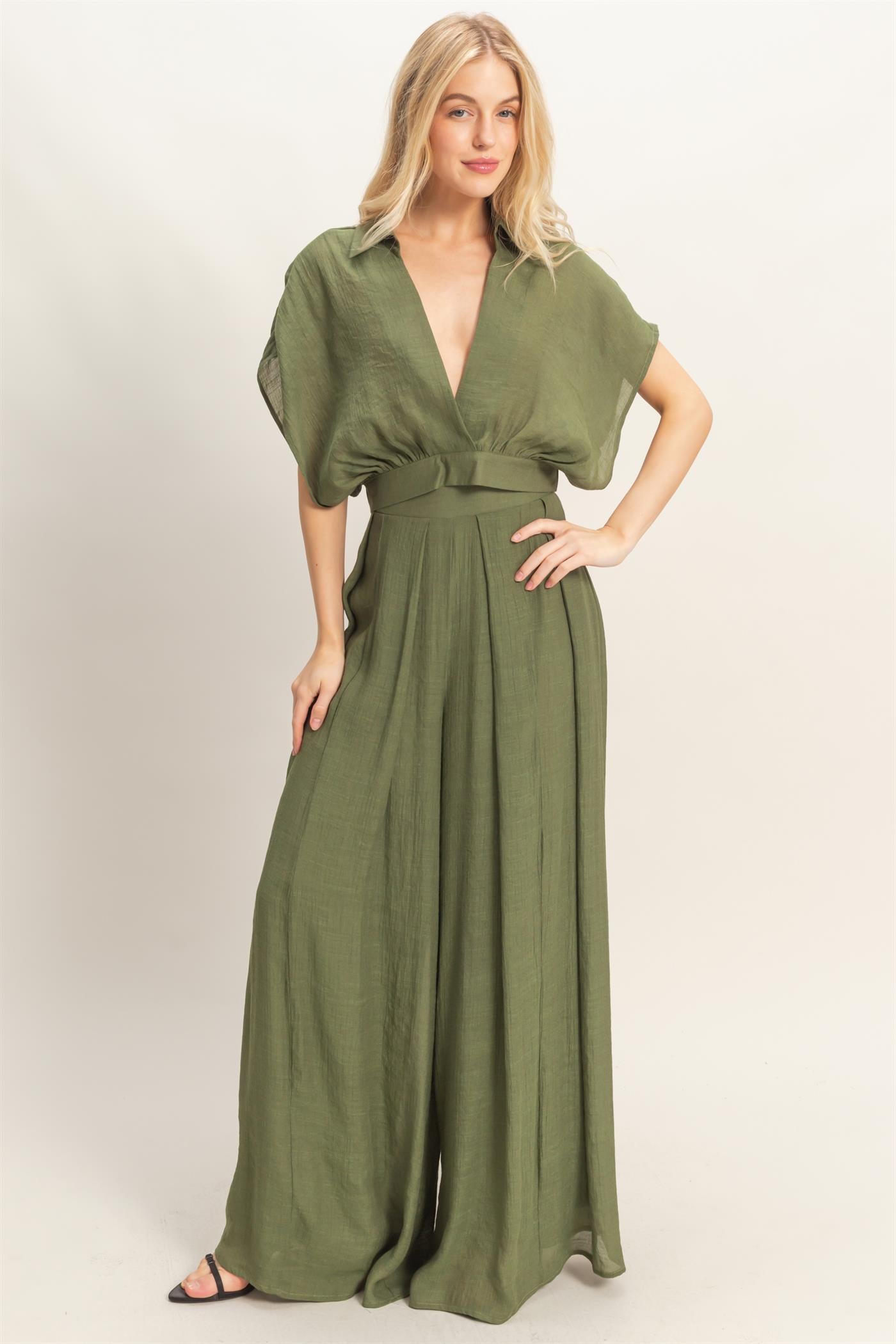 Wholesale Collared Wrap Top & Wide-Leg Pants Set Clothing HF26C286-SET-D OLIVE HYFVE