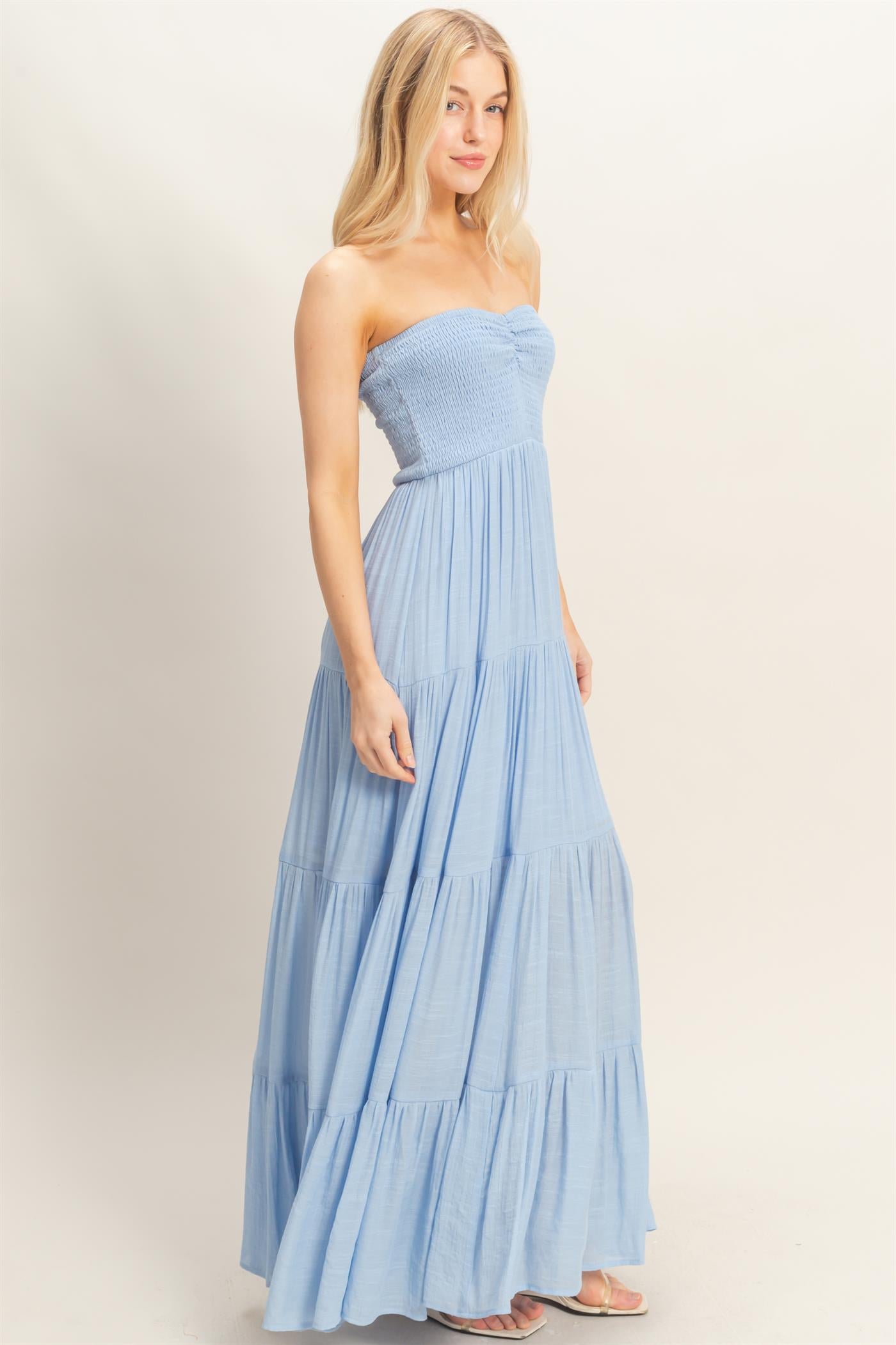 Wholesale Smocked Elastic Neck Maxi Dress Dresses HF26C284-D POWDER BLUE HYFVE