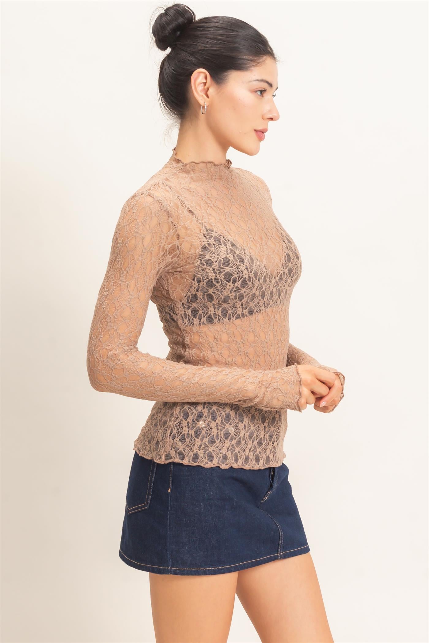 Wholesale Lace Mock Neck Long Sleeve Top Clothing Tops HF26E033-D LIGHT BROWN HYFVE