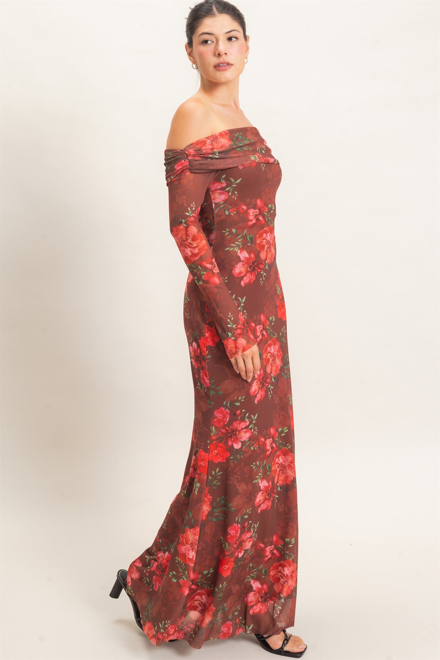 Wholesale Off Shoulder Floral Mesh Dress Dresses HF26E008 BROWN HYFVE