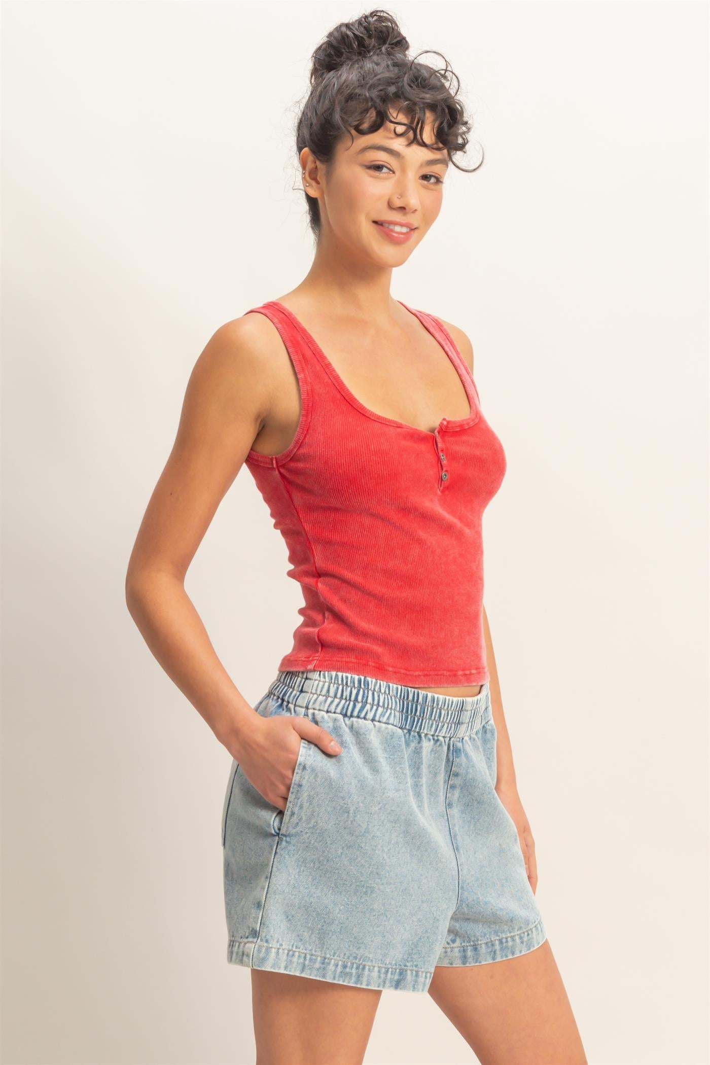 Wholesale Acid Washed Henley Ribbed Tank Top Tank Tops DZ26C661 RED DOUBLE ZERO