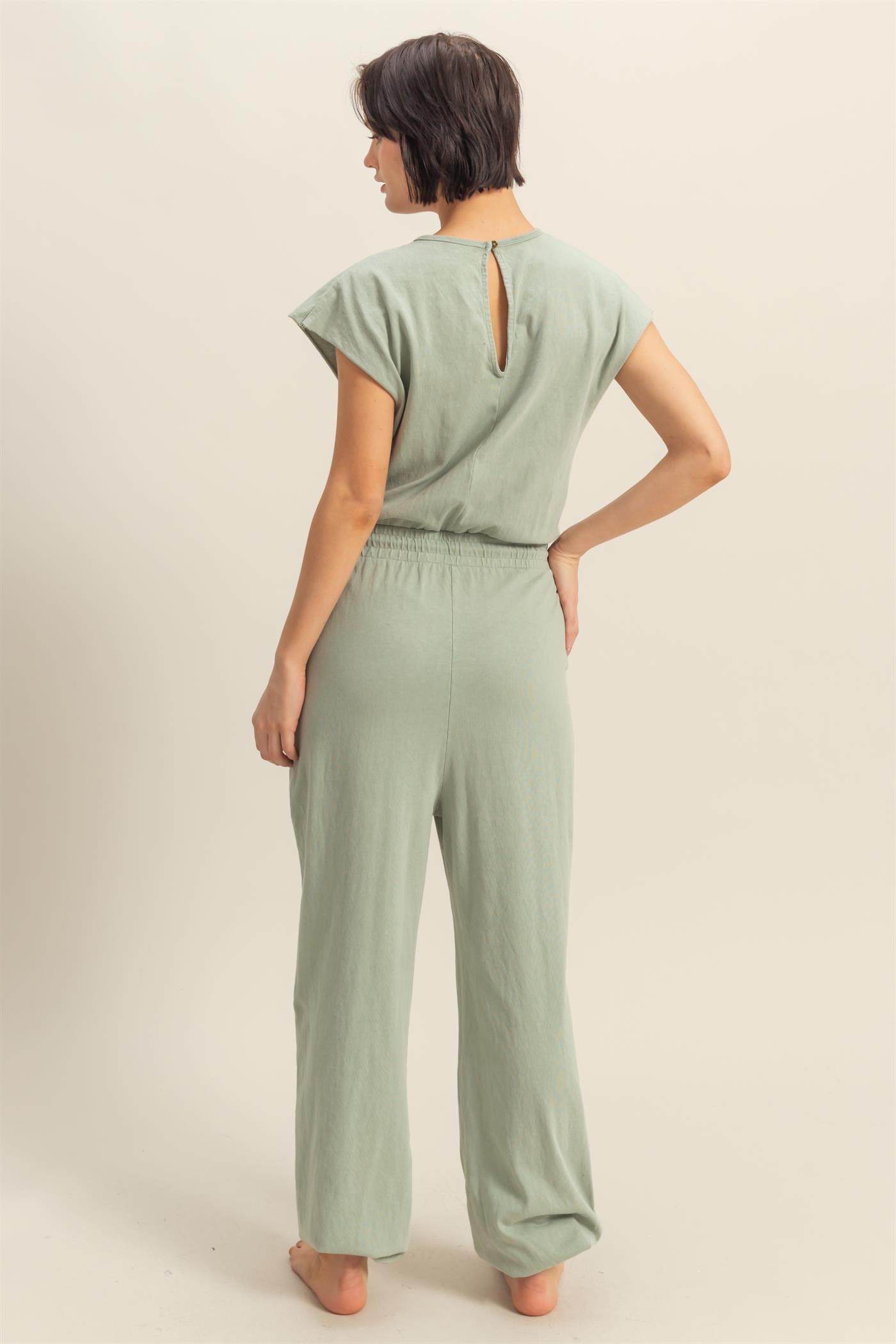 Wholesale Short Sleeve Casual Jumpsuit Clothing DZ24C619 SAGE GREEN DOUBLE ZERO