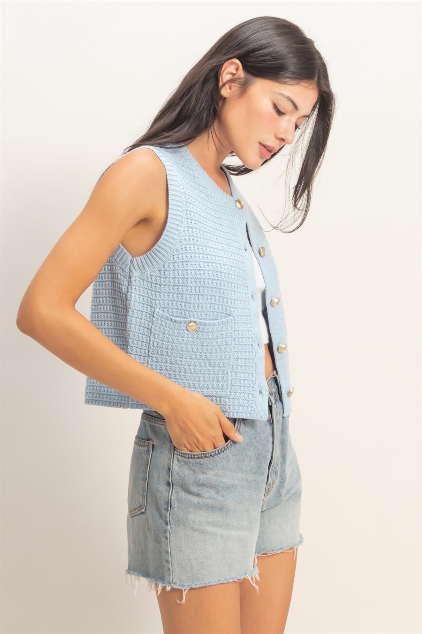 Wholesale Textured Button-Front Vest With Pocket Clothing Tops DZ26A448 ICE BLUE DOUBLE ZERO