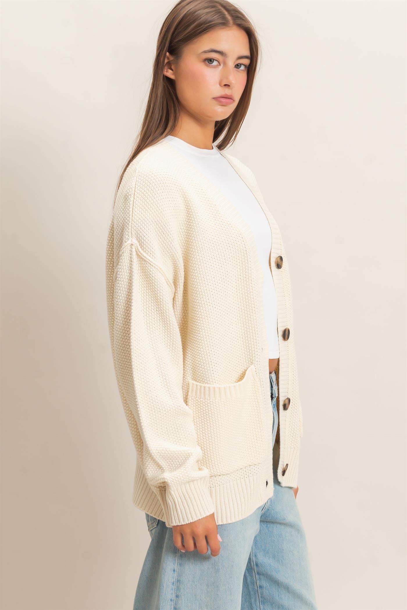 Wholesale Textured Oversized Knit Buttoned Cardigan Cardigans DZ26C971 CREAM DOUBLE ZERO