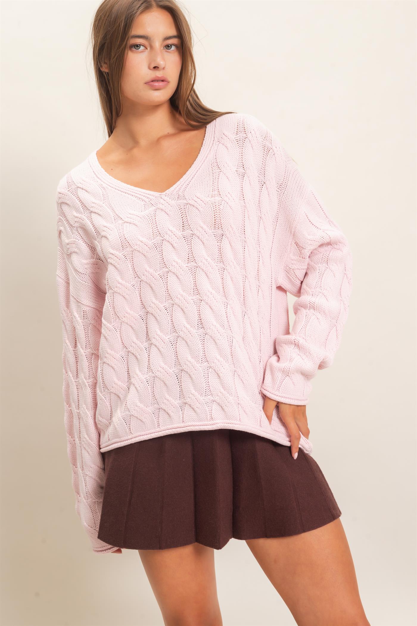 Wholesale Cable Knit V-Neck Sweater Sweaters DZ26E087 LIGHT PINK DOUBLE ZERO