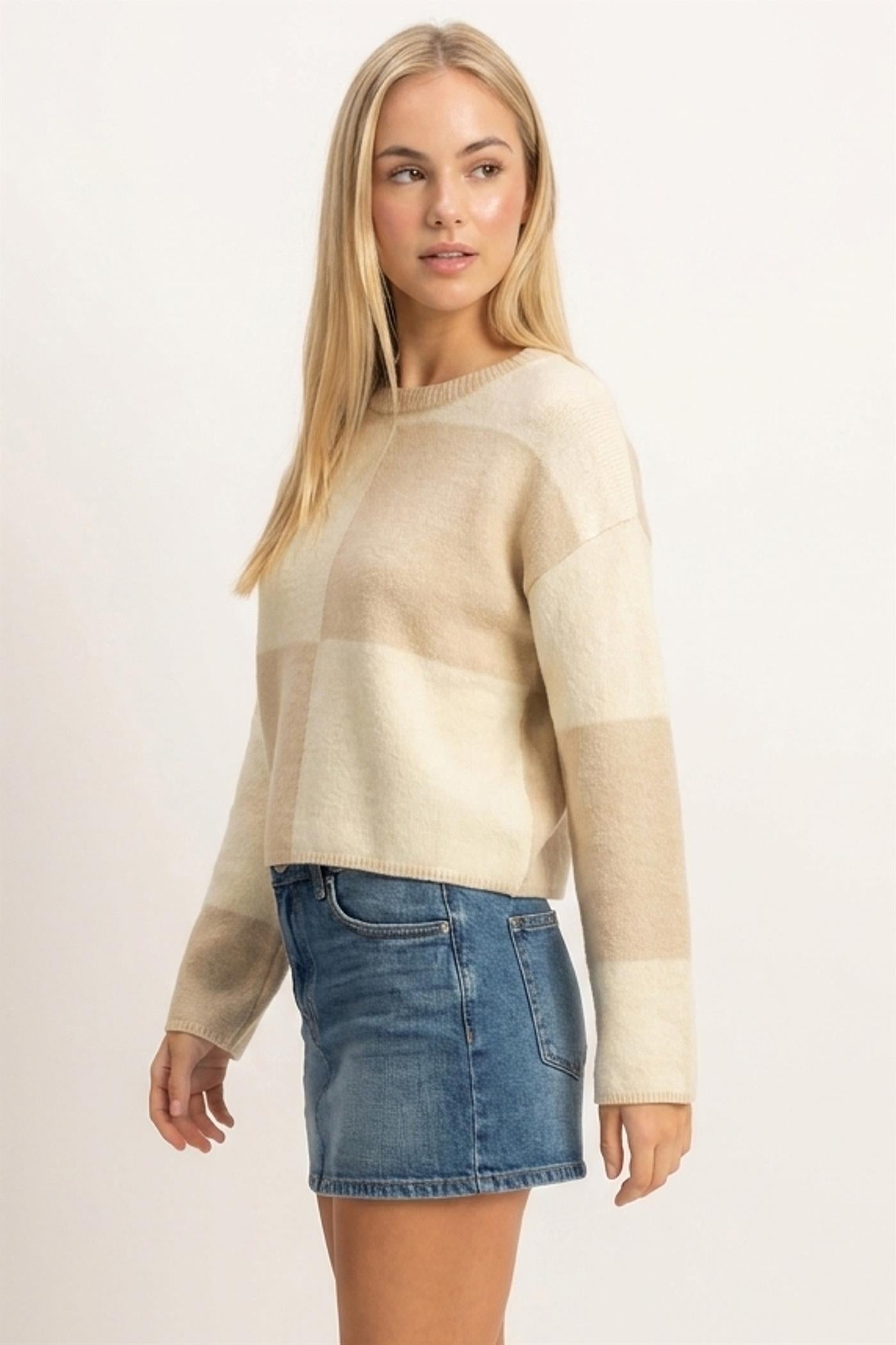 Wholesale Crew Neck Checkered Sweater Sweaters DZ26C980 BEIGE DOUBLE ZERO