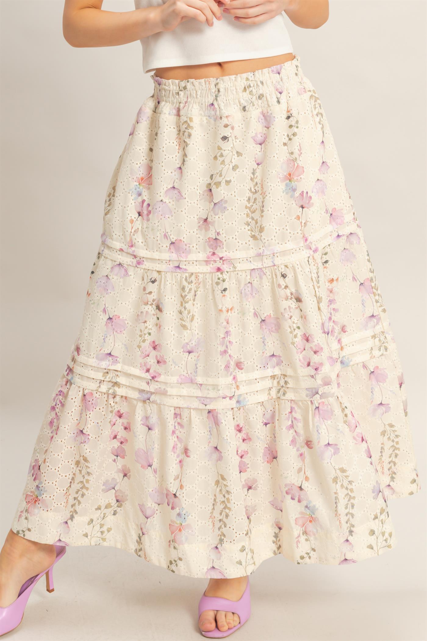 Wholesale Floral Smocked Waist Skirt Skirts HF26A361-D YELLOW HYFVE