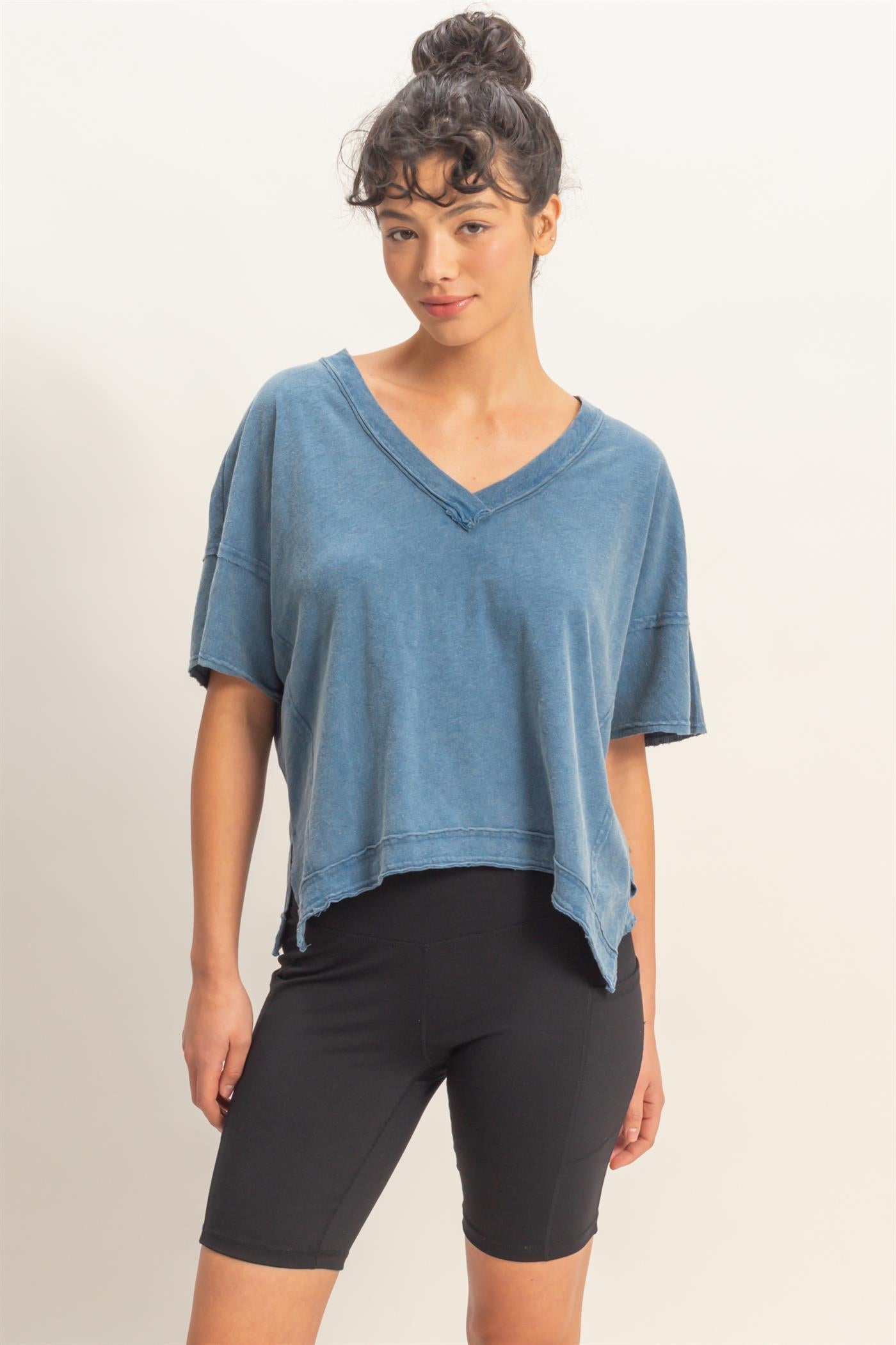 Wholesale Oversized V-Neck Short Sleeve Top Clothing Tops DZ26A032 NAVY DOUBLE ZERO