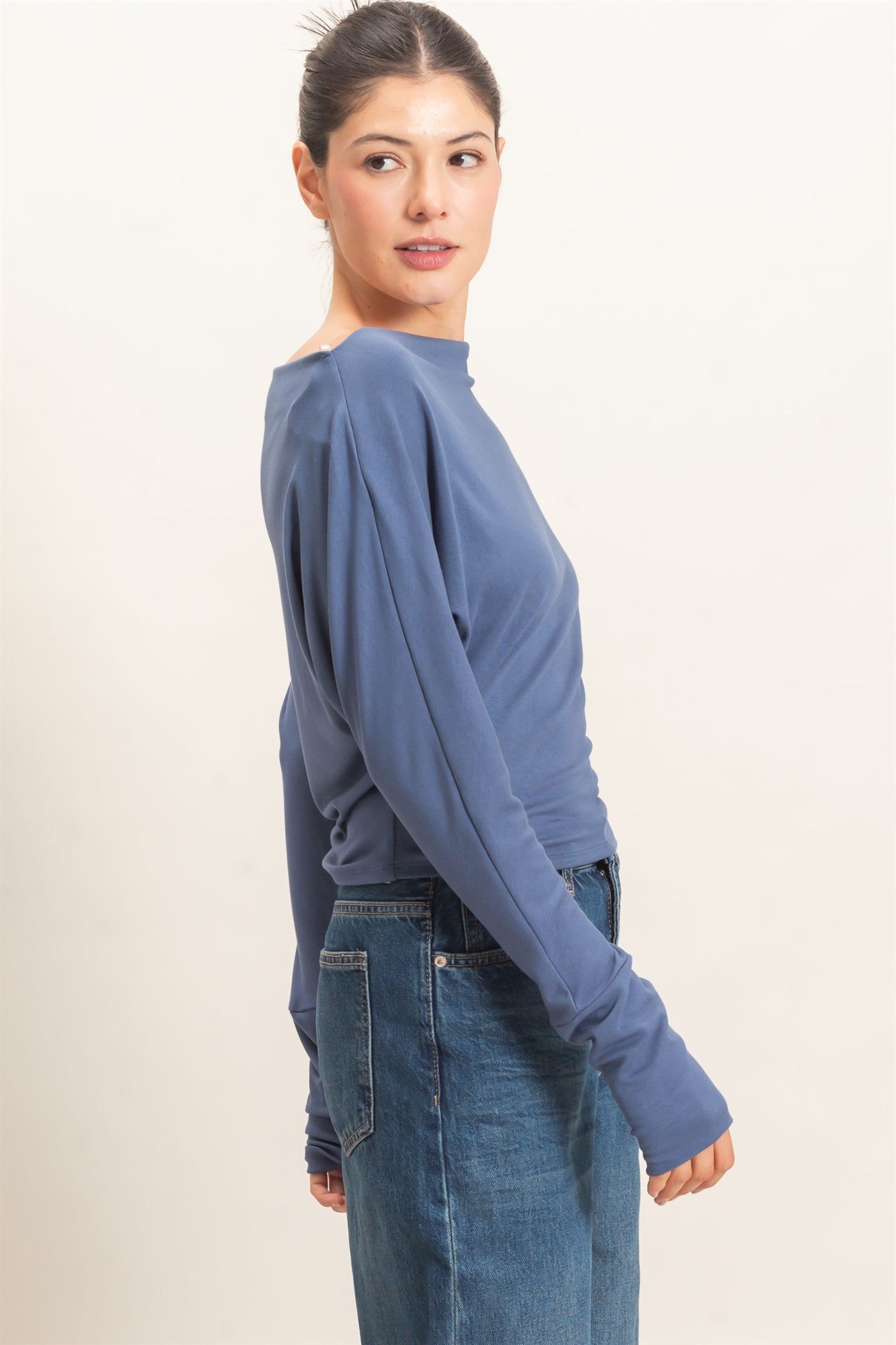 Wholesale Wide Boat Neck Dolman Sleeve Top Shirts HF26C883 STEEL BLUE HYFVE