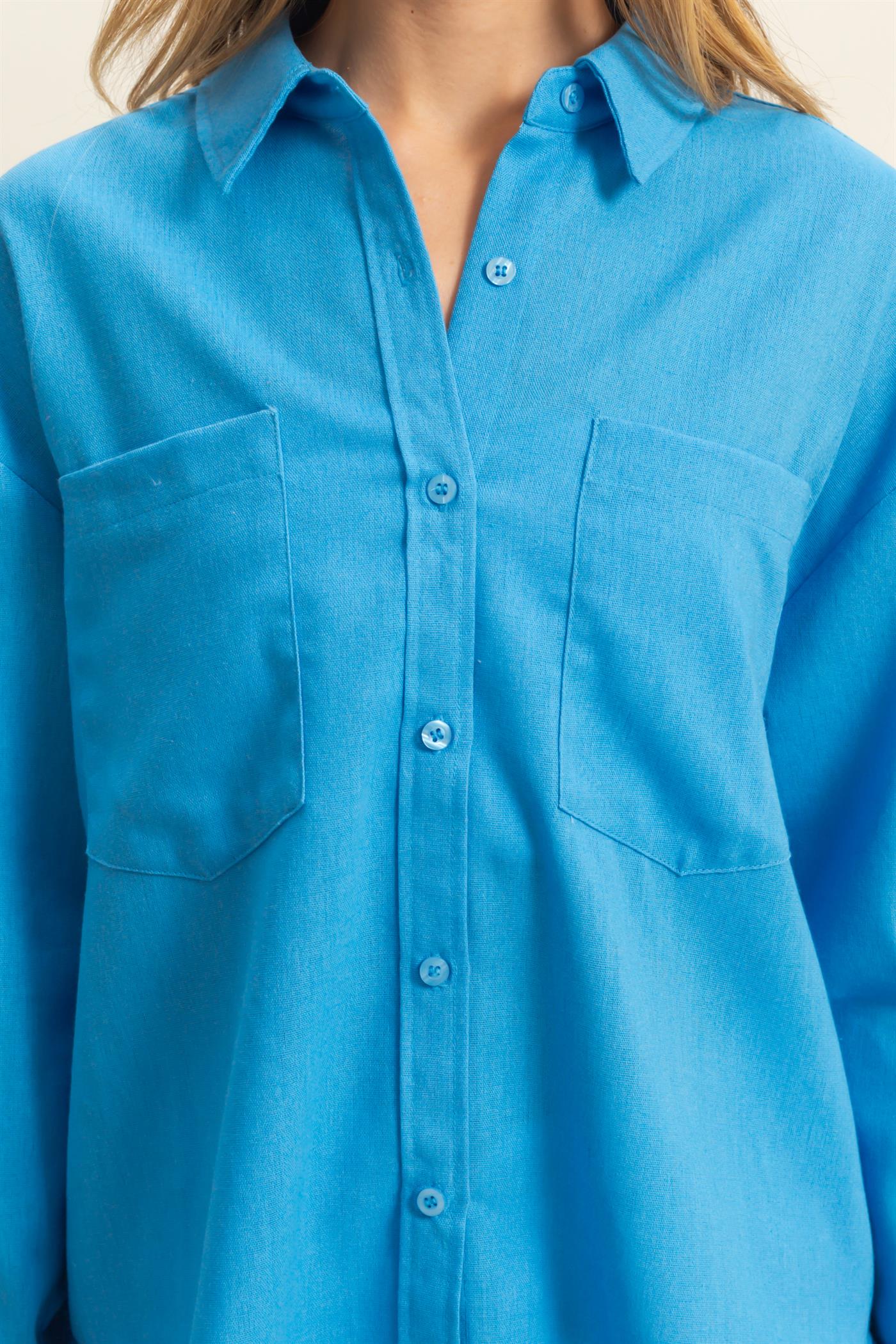 Wholesale Sand Washed Relaxed Long Sleeve Shirt Clothing Tops DZ24C609 BLUE DOUBLE ZERO