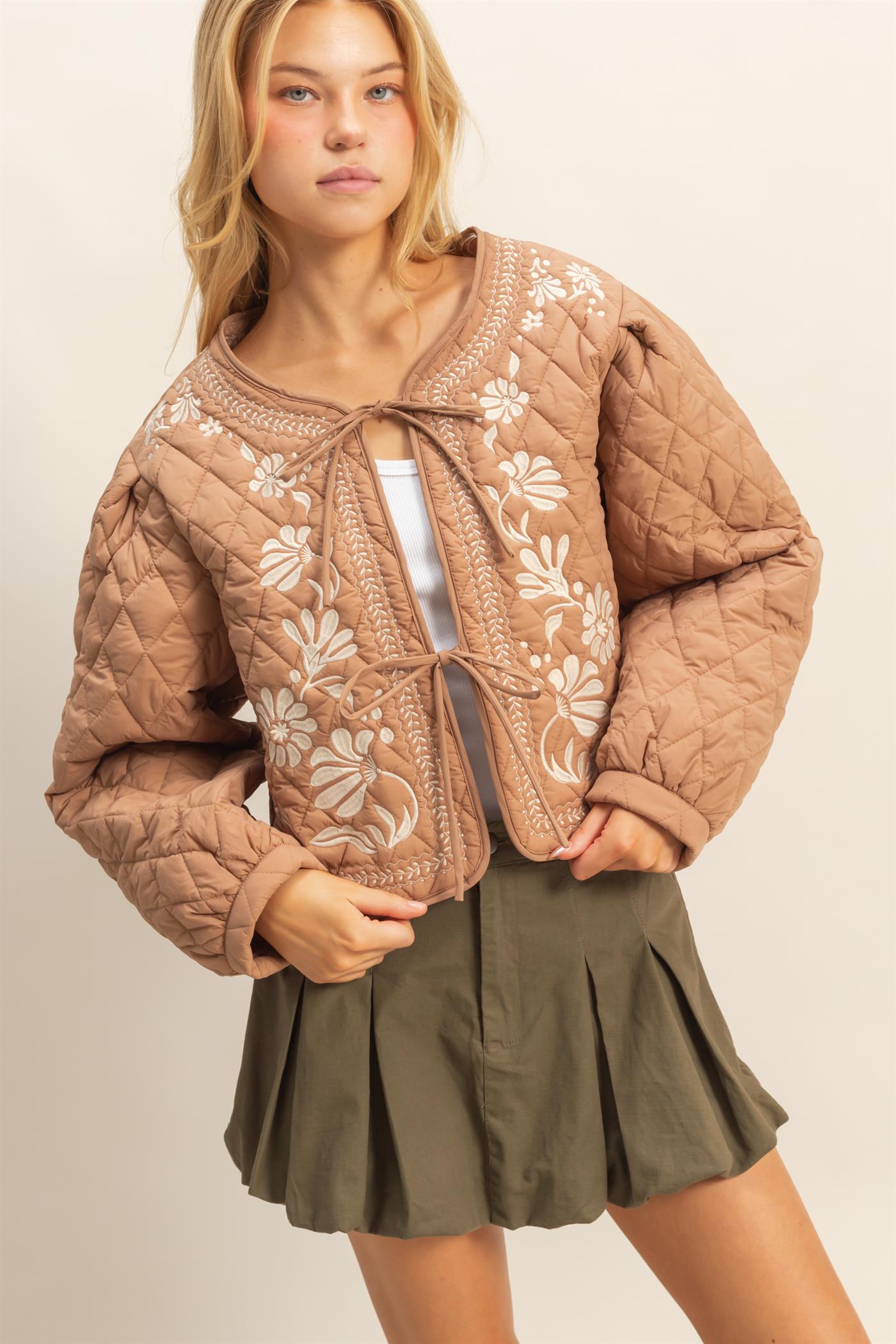 Wholesale Quilted Floral Embroidered Padding Jacket Coats & Jackets HF26A084 BROWN HYFVE