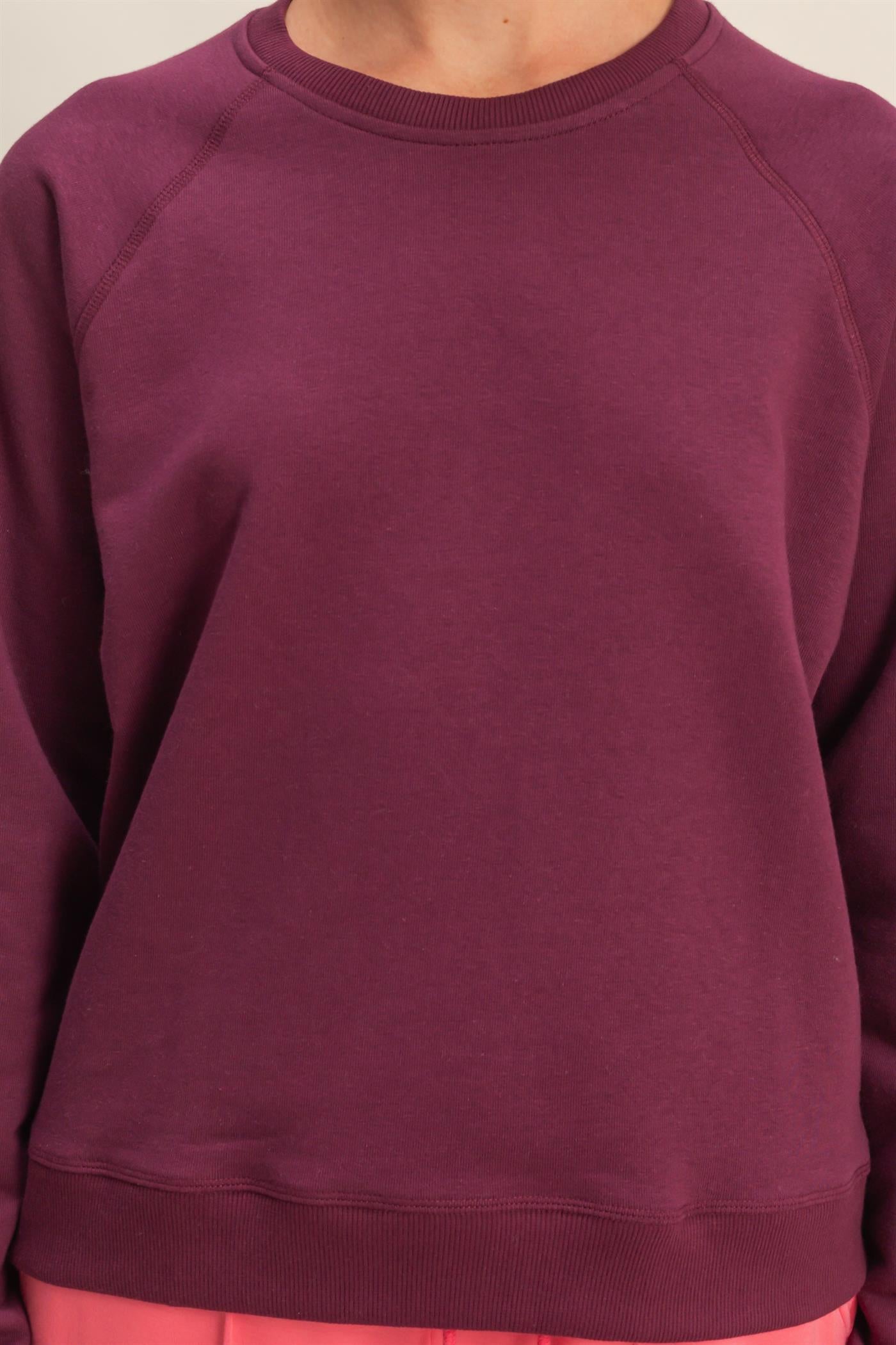 Wholesale Crew Neck Raglan Sleeve Comfy Pullover Sweatshirt Sweatshirts DZ25E237 DARK CHERRY DOUBLE ZERO