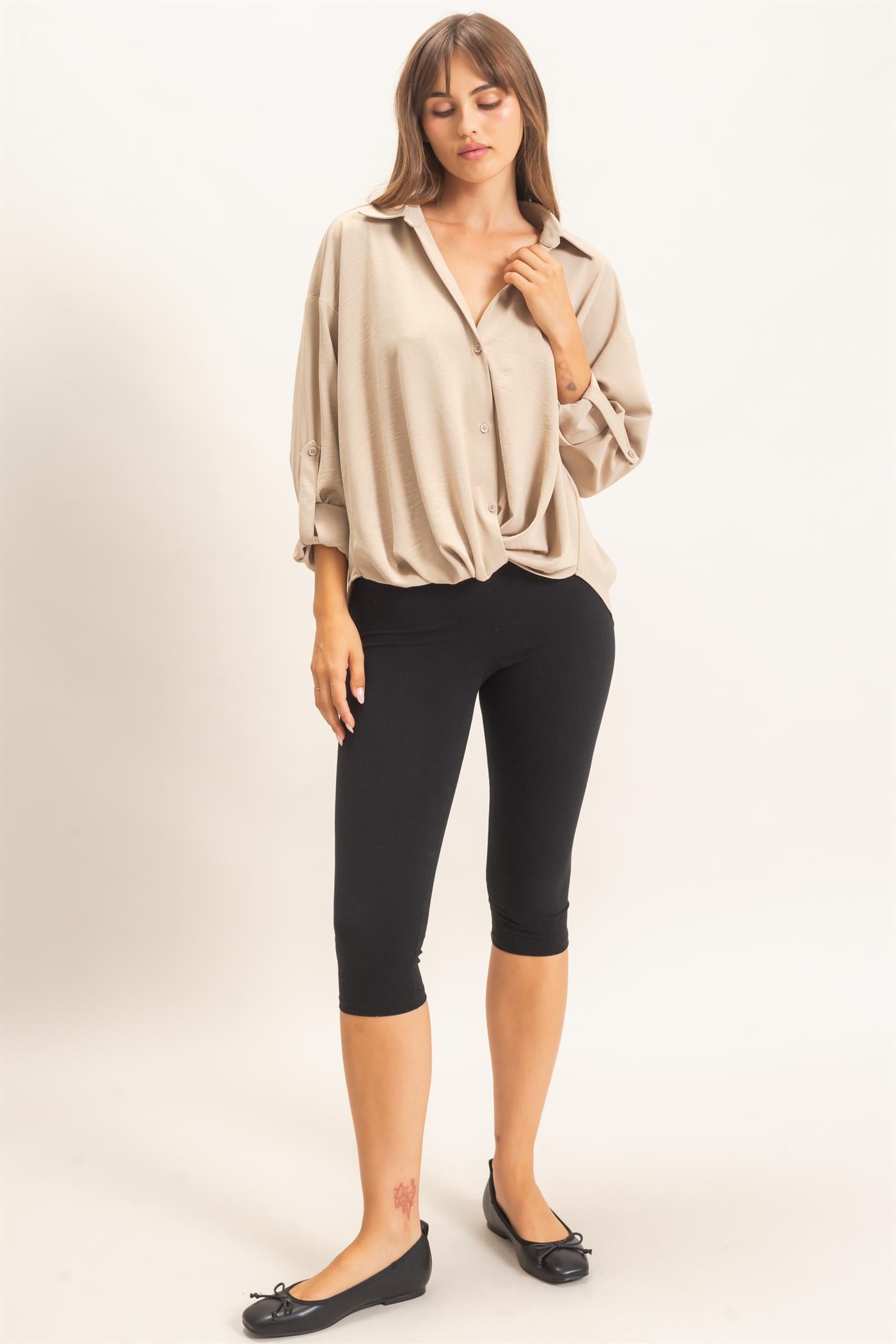 Wholesale Button-Up Dolman Sleeve Top Shirts HF26F070 BEIGE HYFVE
