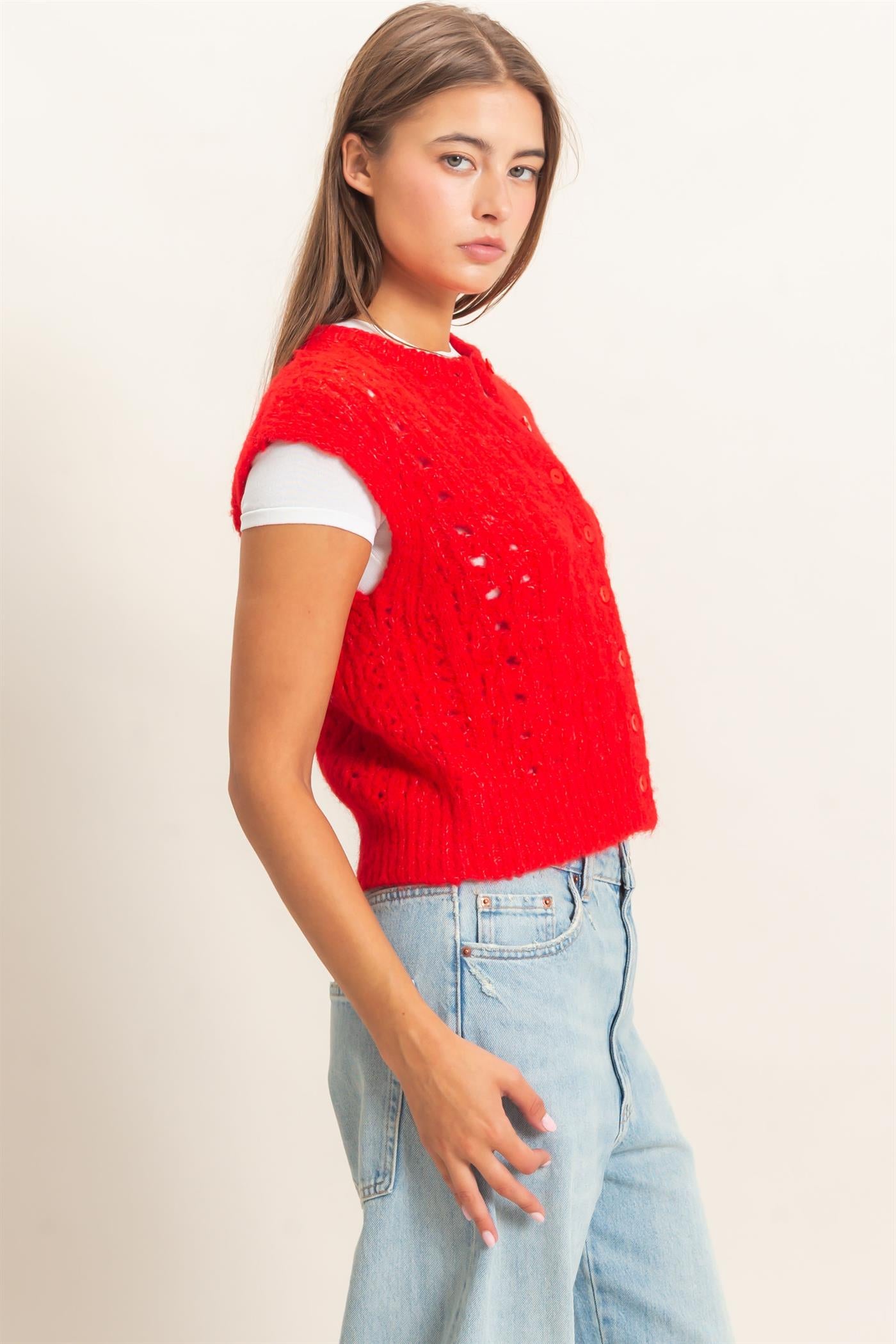 Wholesale Open Knit Sleeveless Button Front Sweater Vest Sweaters DZ26A829 RED DOUBLE ZERO