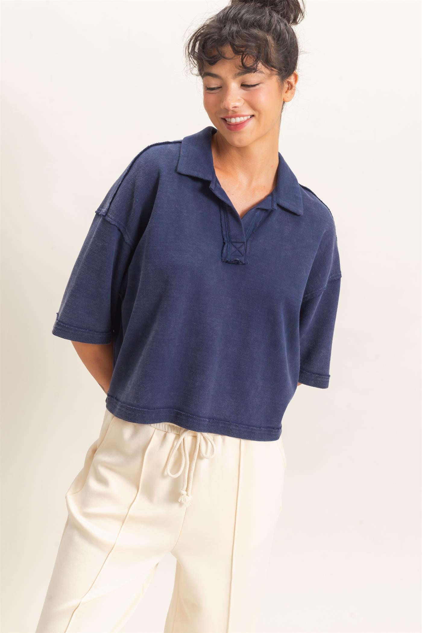 Wholesale Mineral Wash Oversized Collar Short Sleeve Top Clothing Tops DZ26E813 NAVY DOUBLE ZERO