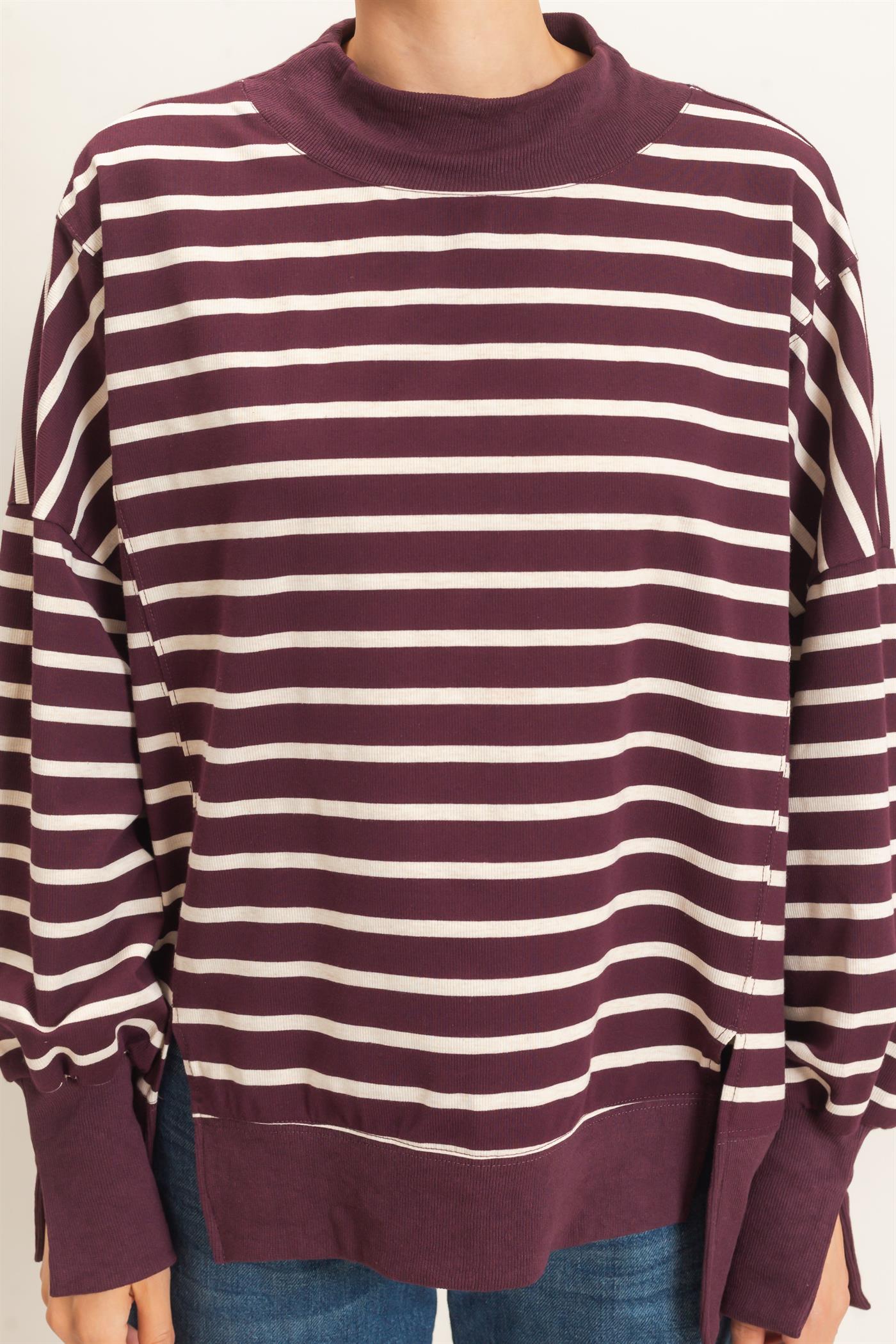 Wholesale Striped Mock Neck Sweatshirt Sweatshirts HF27A178-D RASPBERRY/ECRU HYFVE