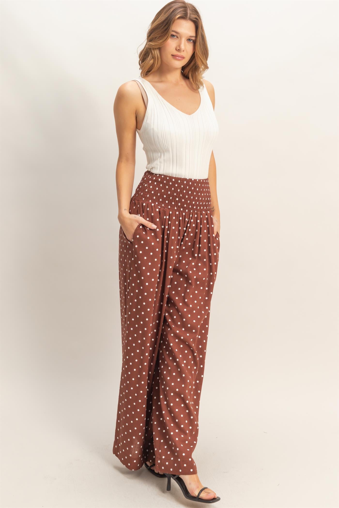 Wholesale Polka Dot Elastic Wide-Leg Pants Pants HF26C280 CHESTNUT HYFVE