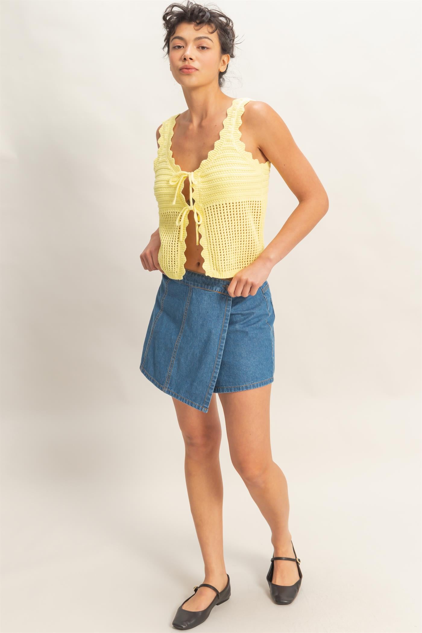 Wholesale Sleeveless Open Knit Double Tie-Front Vest Shirts DZ26A809 PALE YELLOW DOUBLE ZERO
