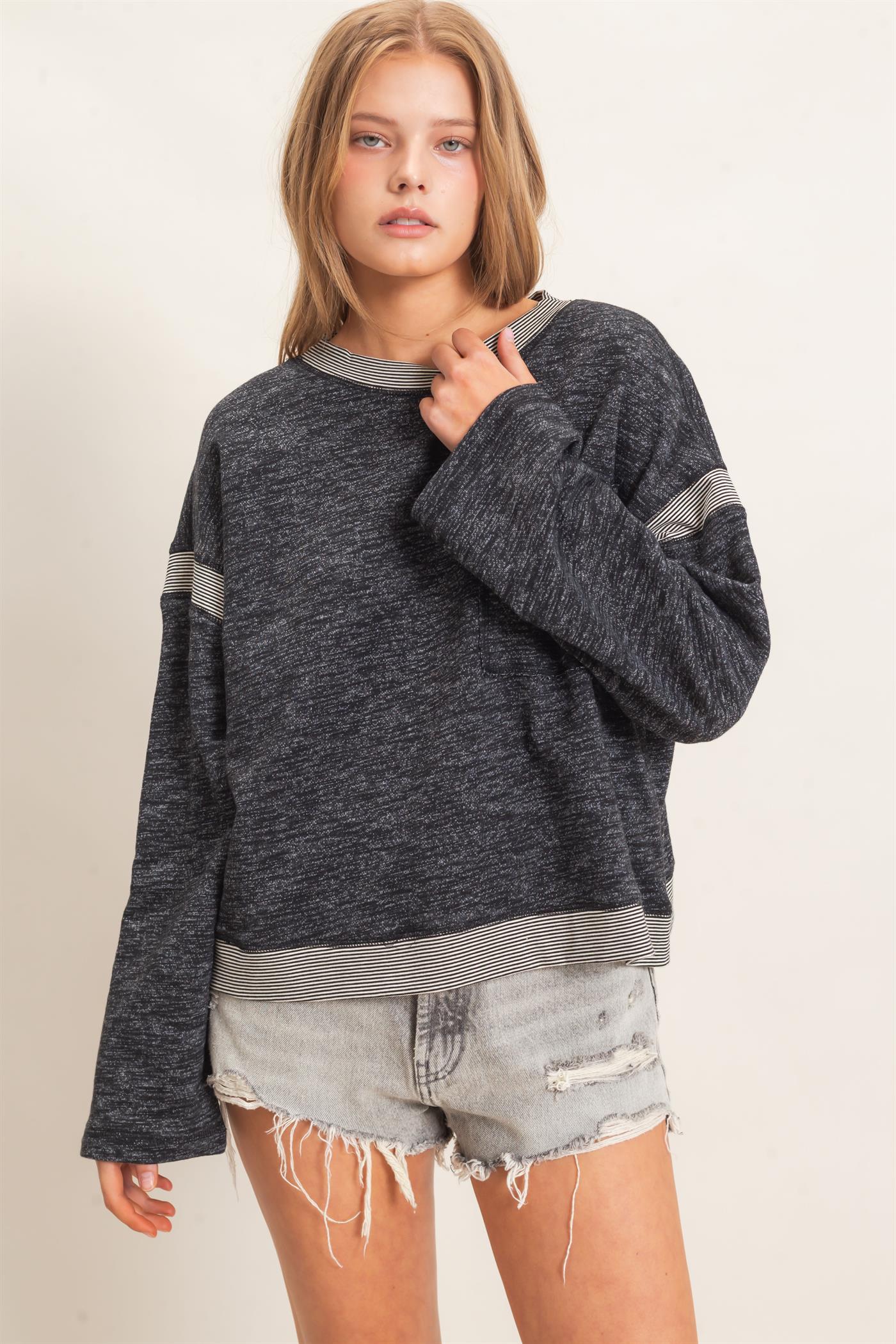 Wholesale Striped Trim Pocket Sweatshirt Sweatshirts HF26E557 BLACK HYFVE