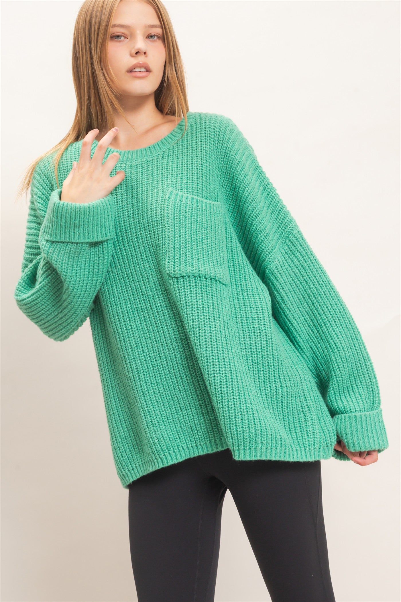 Wholesale Ribbed Knit Patch Pocket Sweater Sweaters HF26F177 GREEN HYFVE