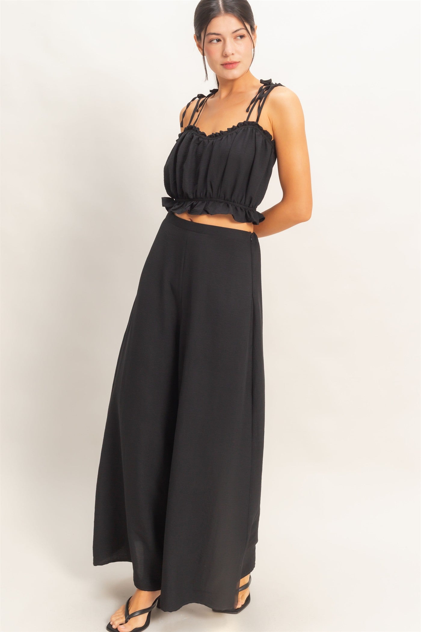 Wholesale Ruffle Smocked Bust Top & Wide Pants Clothing HF26A502-SET-D BLACK HYFVE