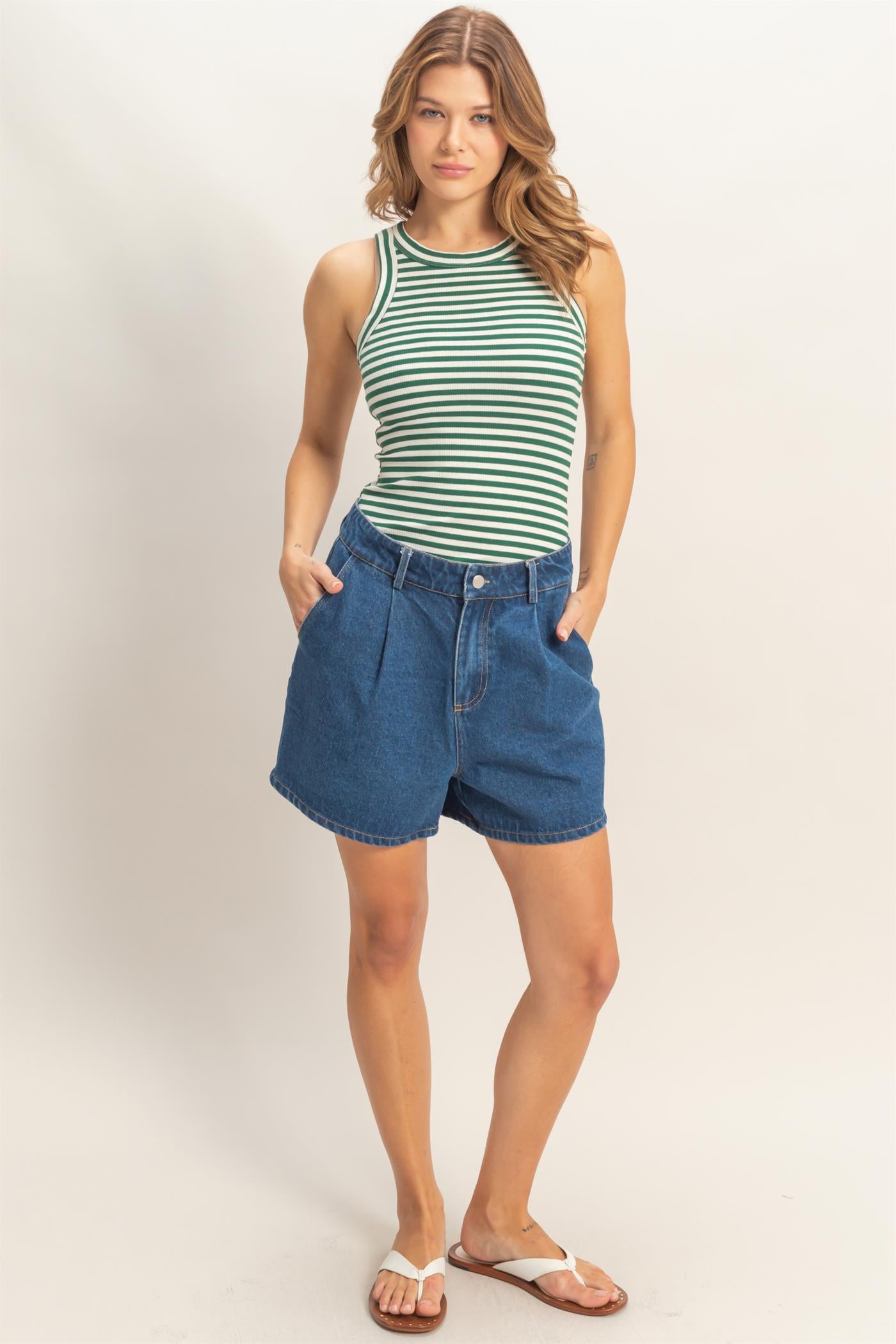 Wholesale Striped Ribbed Racerback Tank Tank Tops HF26C294-D GREEN HYFVE