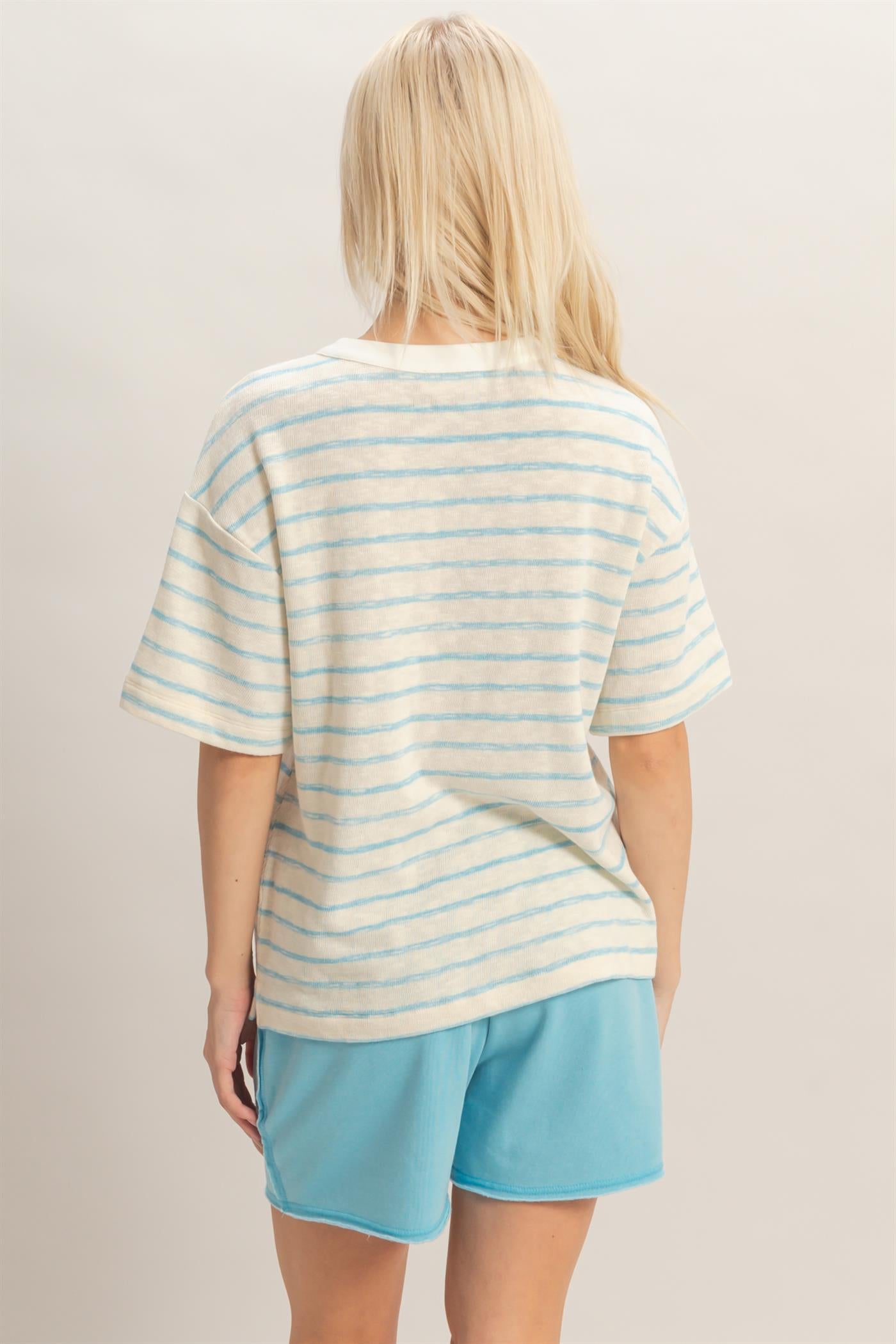 Wholesale Striped Short Sleeve Henley Top Clothing Tops DZ26A653 BLUE DOUBLE ZERO