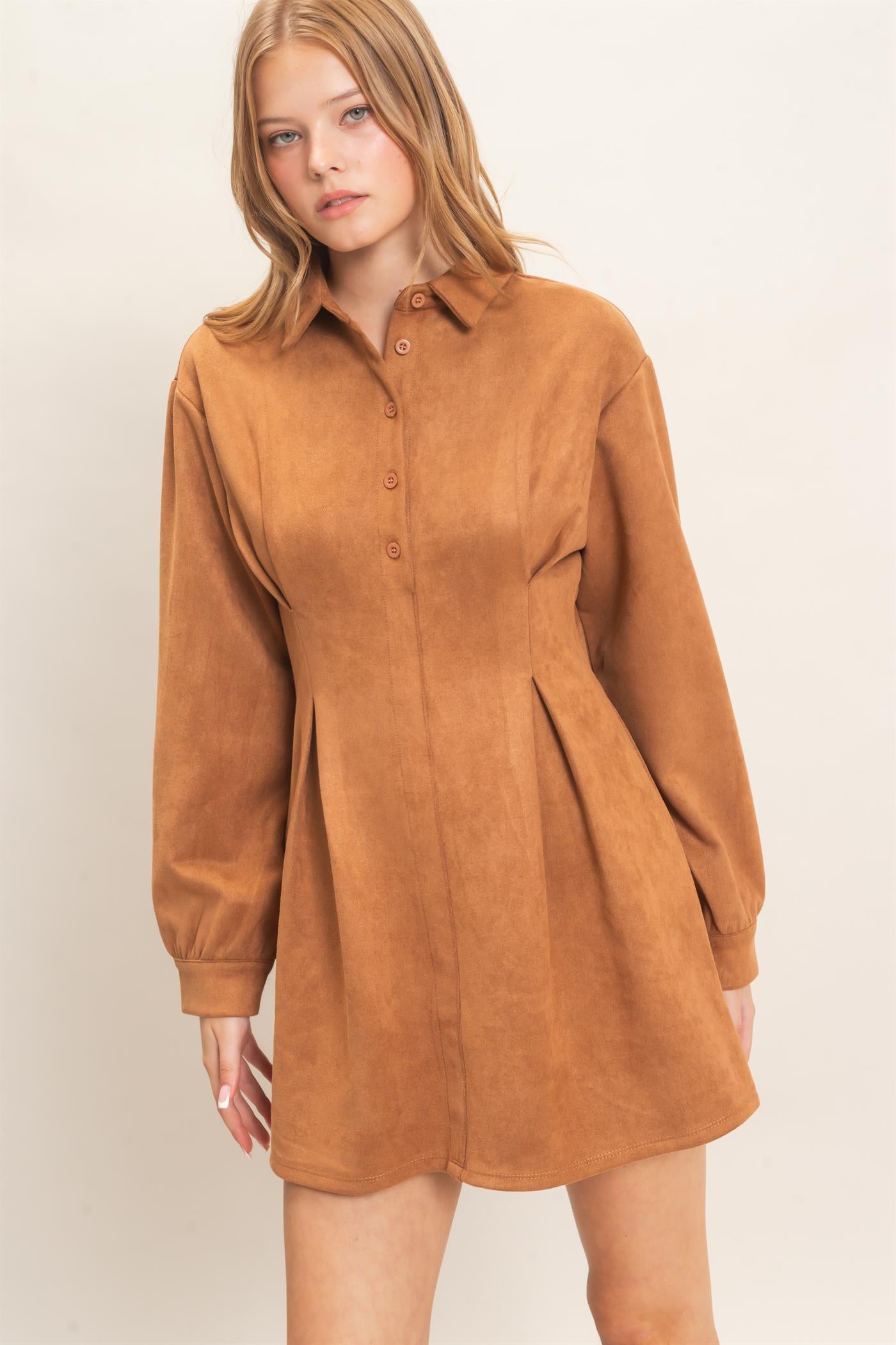 Wholesale Faux Suede Long Sleeve Shirtdress Dresses HF26F063 CAMEL HYFVE