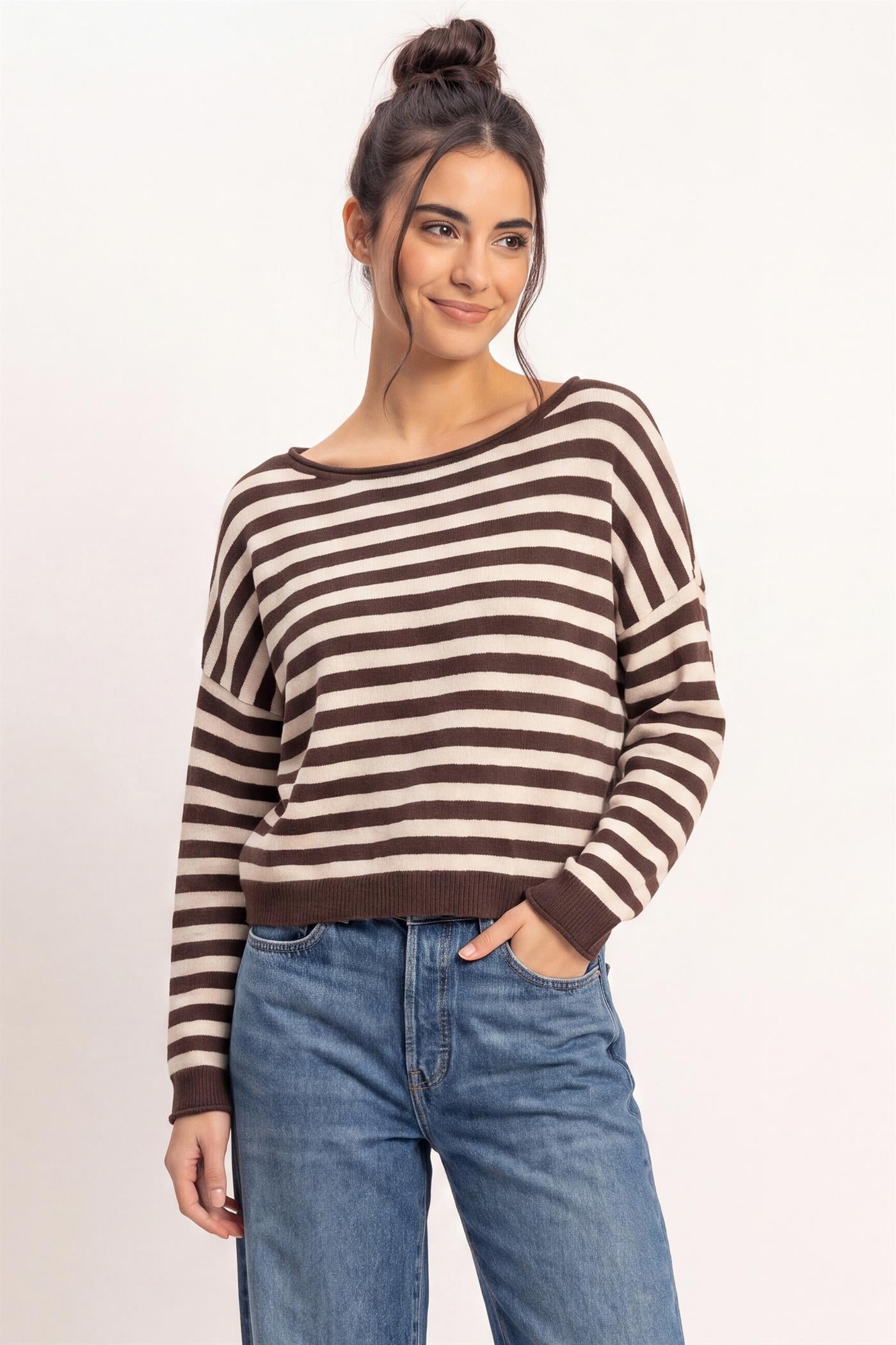 Wholesale Off The Shoulder Striped Sweater Sweaters DZ26E653 DARK BROWN DOUBLE ZERO
