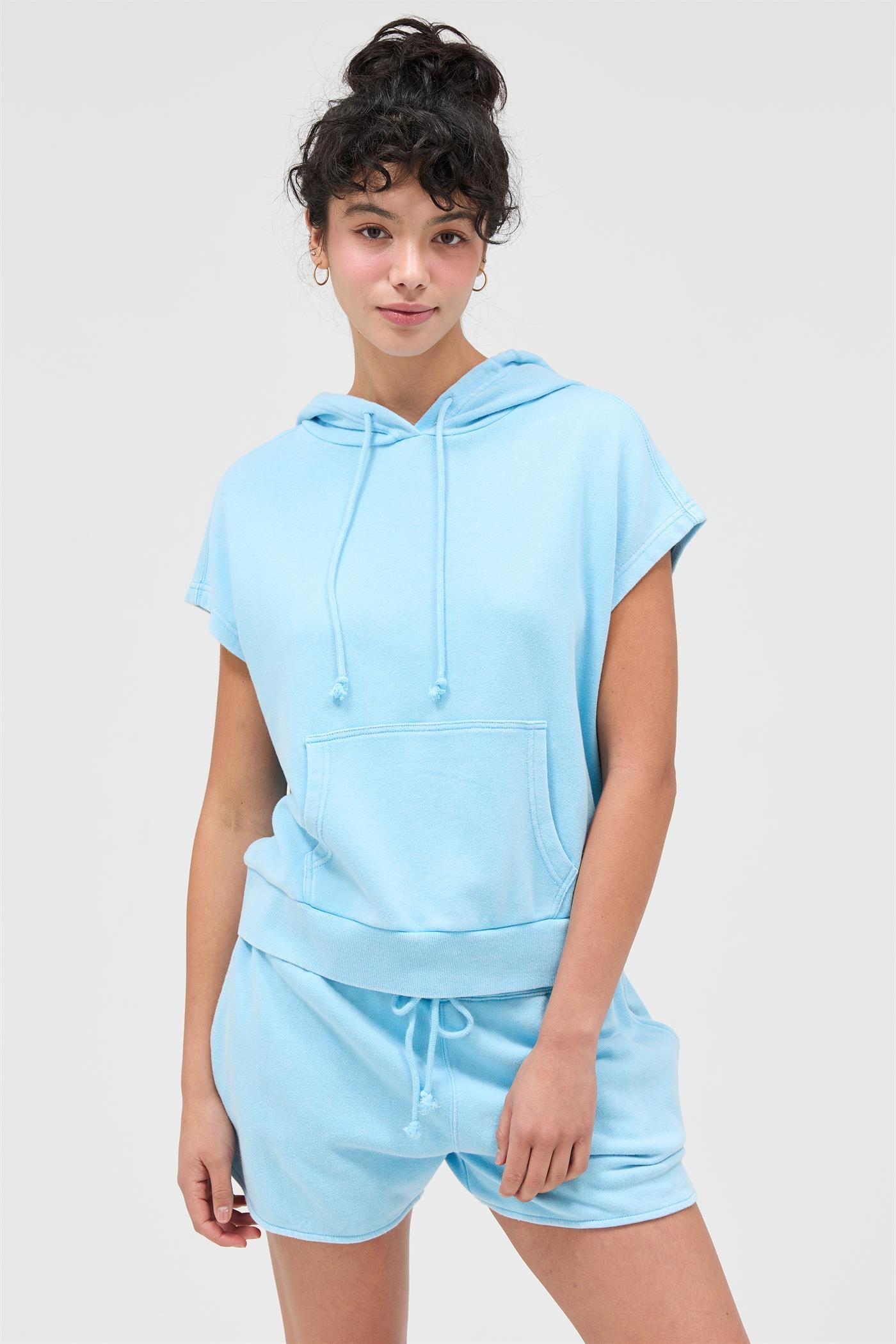 Wholesale Acid Washed Sleeveless Hooded Kangaroo Pocket Top Hoodies DZ26A411 BLUE DOUBLE ZERO