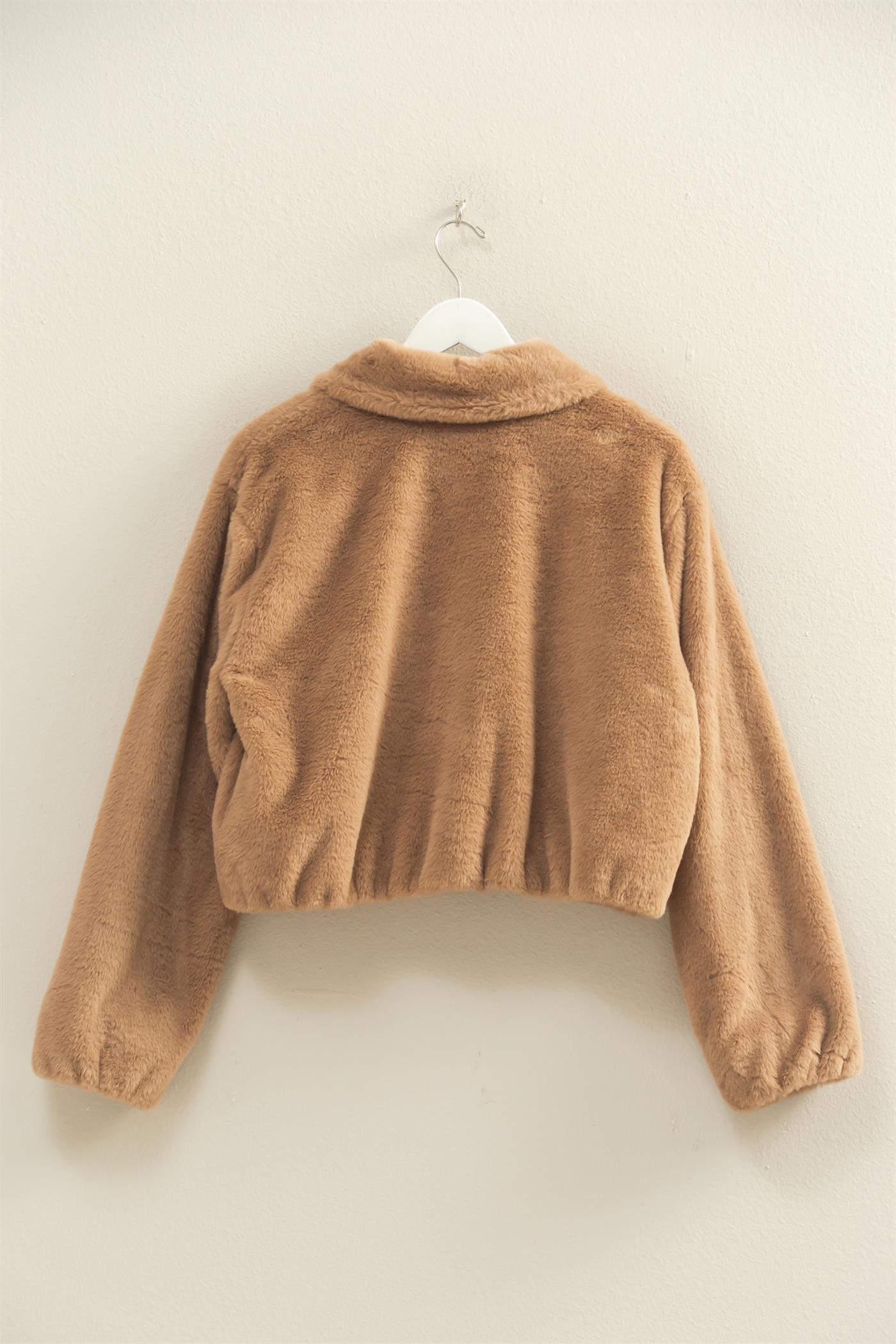Wholesale Faux Fur Zip Up Jacket With Plush Collar Coats & Jackets HF25E940 MOCHA HYFVE