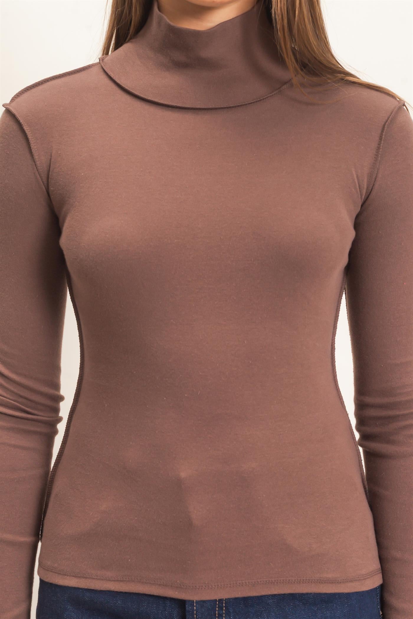 Wholesale Turtleneck Exposed Seam Long Sleeve Top Clothing Tops DZ26F241 DARK BROWN HYFVE