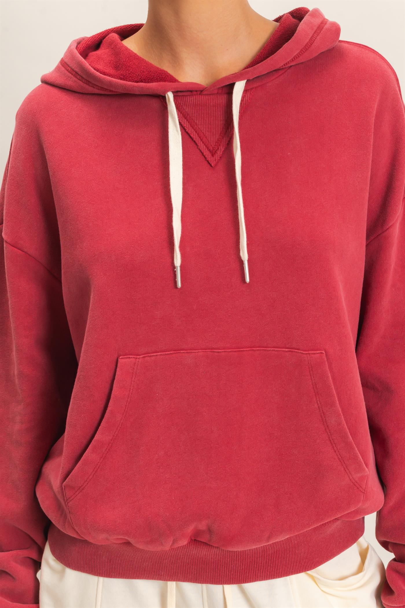 Wholesale Acid Wash Hoodie Clothing Tops DZ26E112 DARK RED DOUBLE ZERO