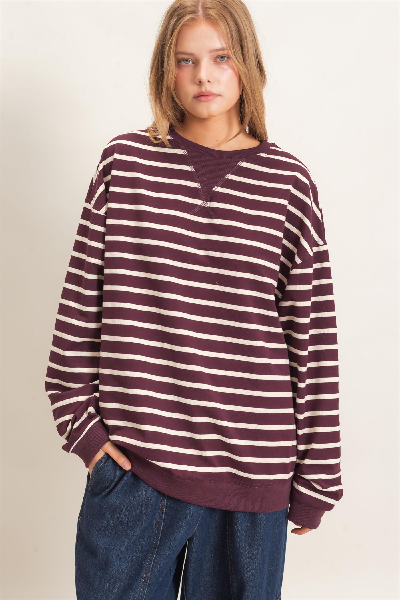 Wholesale Striped Long Sleeve Pullover Sweatshirts HF26F077 RASPBERRY/ECRU HYFVE