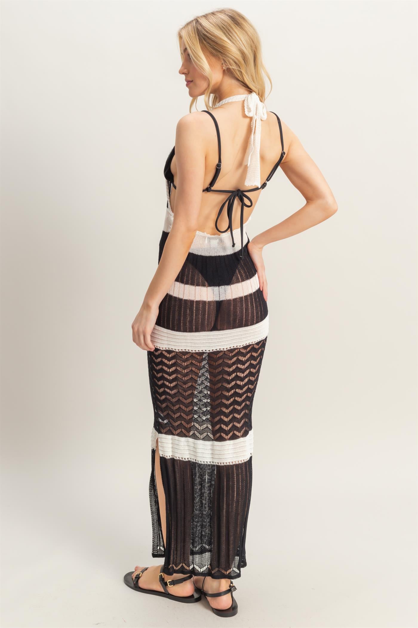 Wholesale Crochet Striped Halter Coverup Maxi Dress Dresses HF25A820 BLACK HYFVE