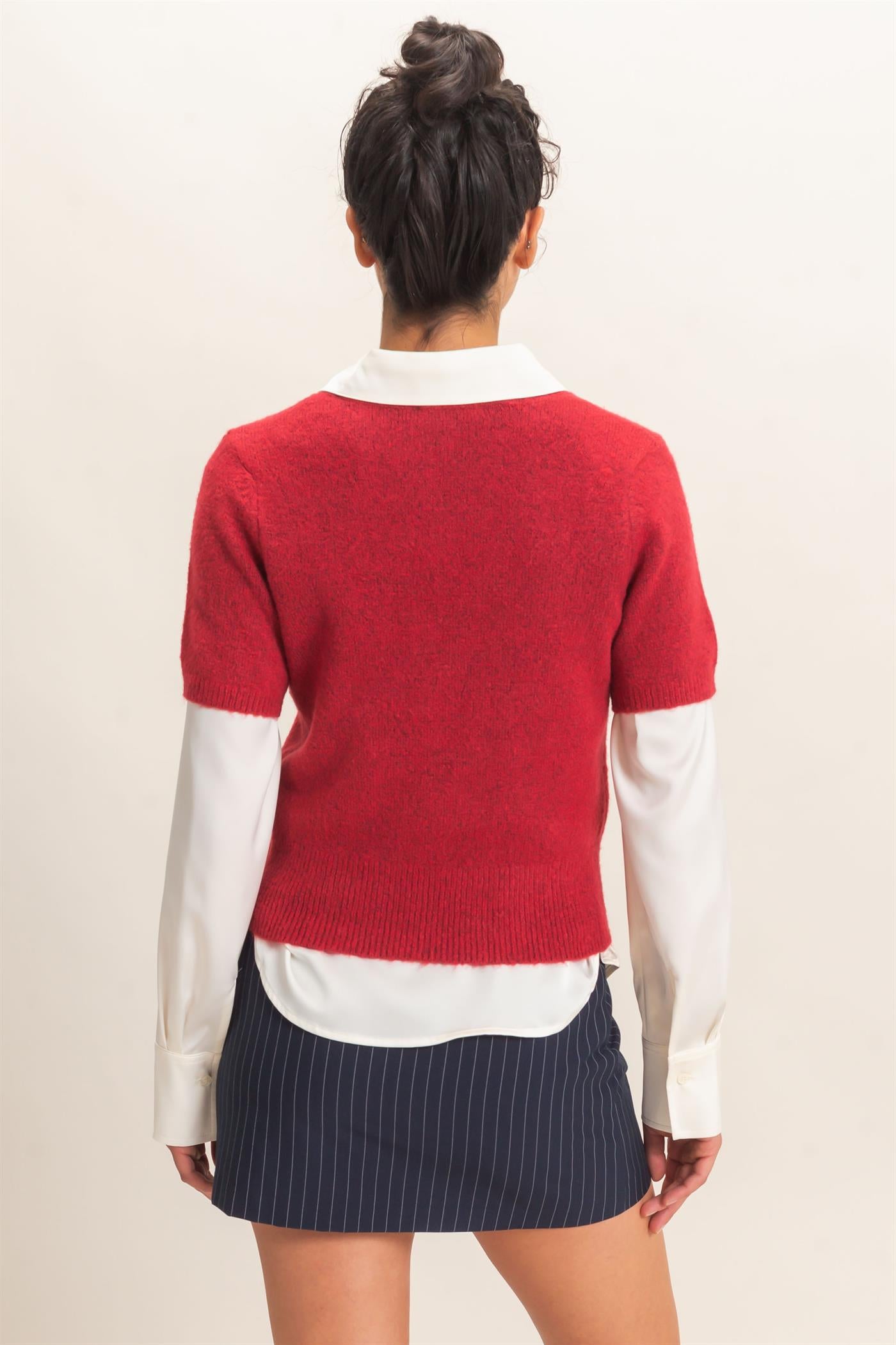 Wholesale Crew Neck Short Sleeve Knit Top Clothing Tops DZ26E944 DARK RED DOUBLE ZERO