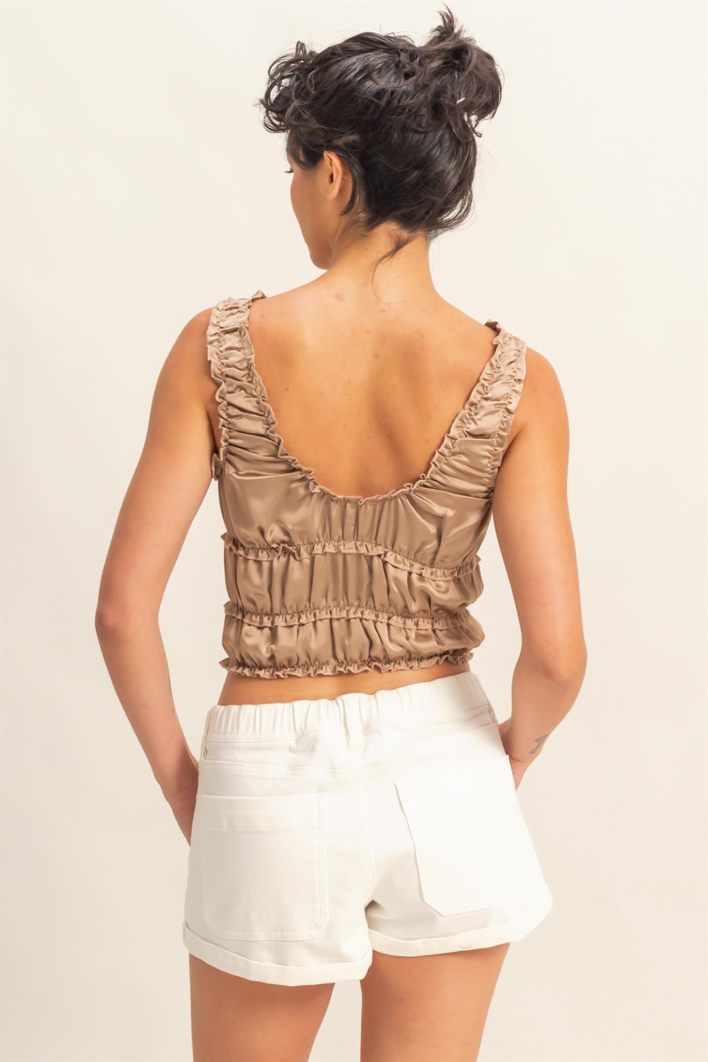Wholesale Ruched Satin Sleeveless Crop Top Clothing Tops DZ25C172 DARK TAUPE DOUBLE ZERO